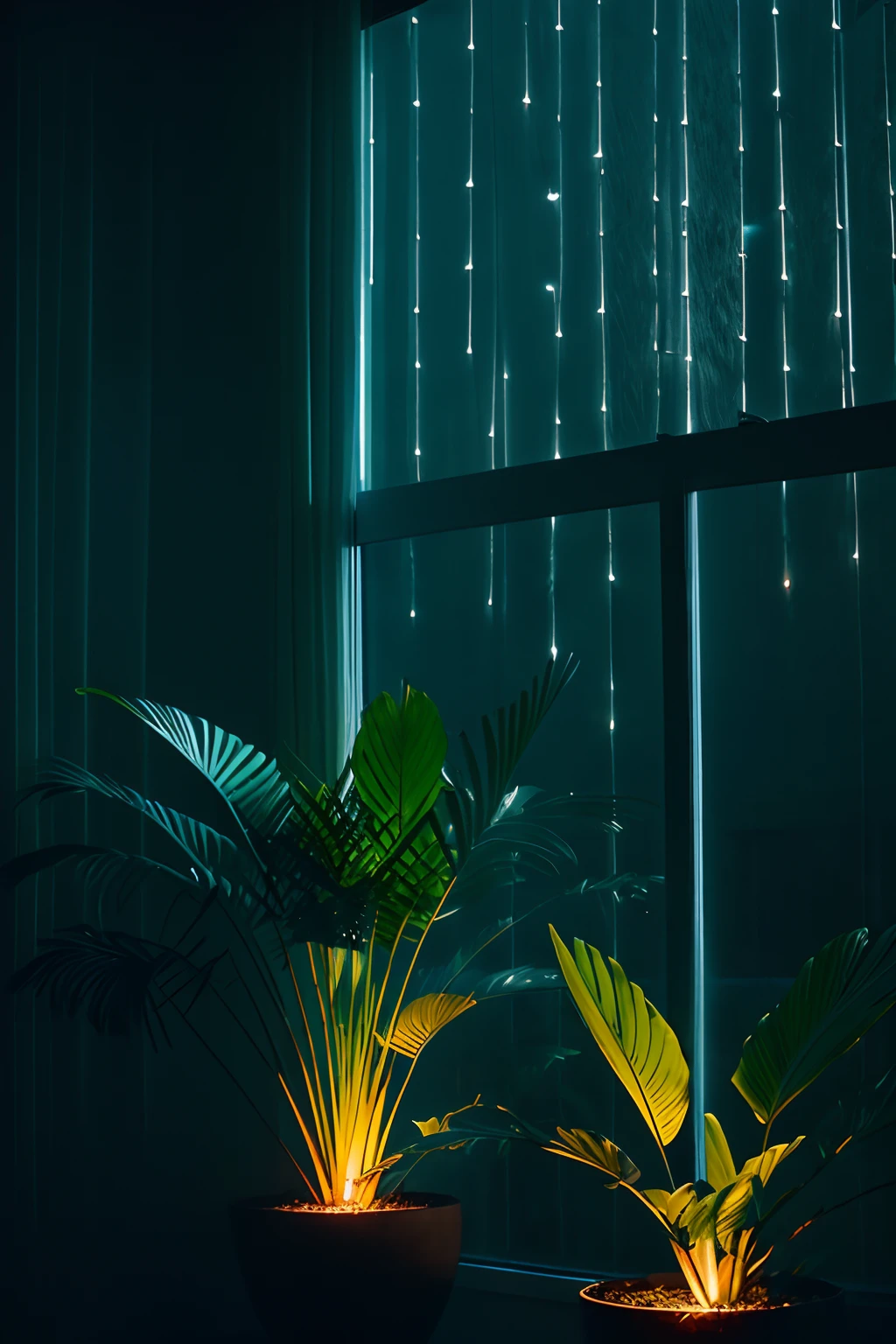 midcentury modern living room dimly lit with dark rainy evening outside, (foggy rainy evening:1.2), pacific northwest, (dim lighting:1.4), (moody lighting:1.2), plants, large plants, rainy, monstera, many plants, (foggy windows:1.2), masterpiece, best quality, twilight hour, (nighttime:1.4), rainy evening, after sunset, dark sky, dark night, dark theme,