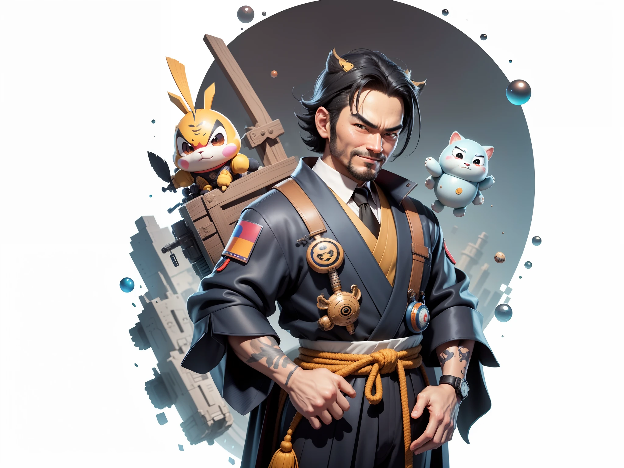 (Daisaku),(Need),(Super meticulous),(full bodyesbian:1.2),Super young man with Japanese geisha,Beautiful,orient,one tiger,Aeolian Thor,Raised sexy,爆乳,Oriental face,TV Anchor,Bust portrait illustration,In black suit,a blue tie,The face is slightly chubby,The face was clean,without a beard,Black super short hair,Black eyes,Smile confidently,3C computer sub-products,iPad, iphone,Digital painting,3D character design by Mark Clairen and Pixar and Hayao Miyazaki and Akira Toriyama,The illustration is a high-definition illustration in 4K resolution,With very detailed facial features and cartoon-style visuals。