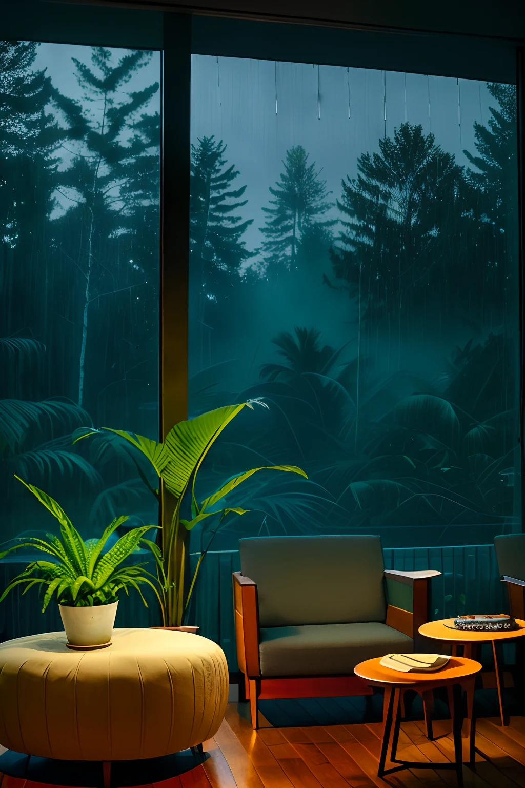 midcentury modern living room dimly lit with dark rainy evening outside, (foggy rainy evening:1.2), pacific northwest, (dim lighting:1.4), (moody lighting:1.2), plants, large plants, rainy, monstera, many plants, (foggy windows:1.2), masterpiece, best quality, twilight hour, (nighttime:1.4), rainy evening, after sunset, dark sky, dark night, dark theme,