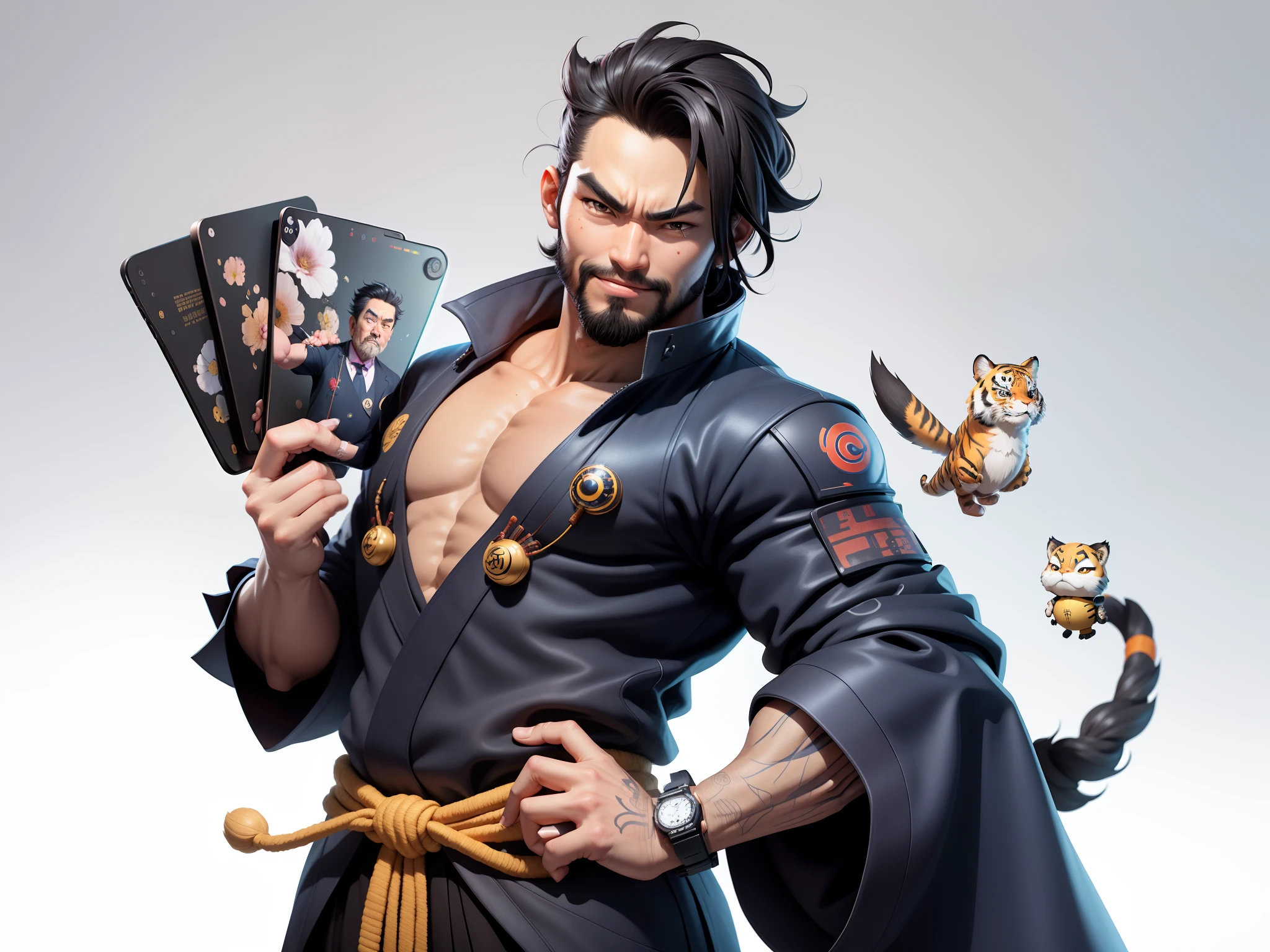 (Daisaku),(Need),(Super meticulous),(full bodyesbian:1.2),Super young man with Japanese geisha，Beautiful，orient，one tiger，Aeolian Thor，Raised sexy，爆乳，Oriental face，TV Anchor，Bust portrait illustration，In black suit，a blue tie，The face is slightly chubby，The face was clean，without a beard，Black super short hair，Black eyes，Smile confidently，3C computer sub-products，iPad， iphone，Digital painting，3D character design by Mark Clairen and Pixar and Hayao Miyazaki and Akira Toriyama，The illustration is a high-definition illustration in 4K resolution，With very detailed facial features and cartoon-style visuals。