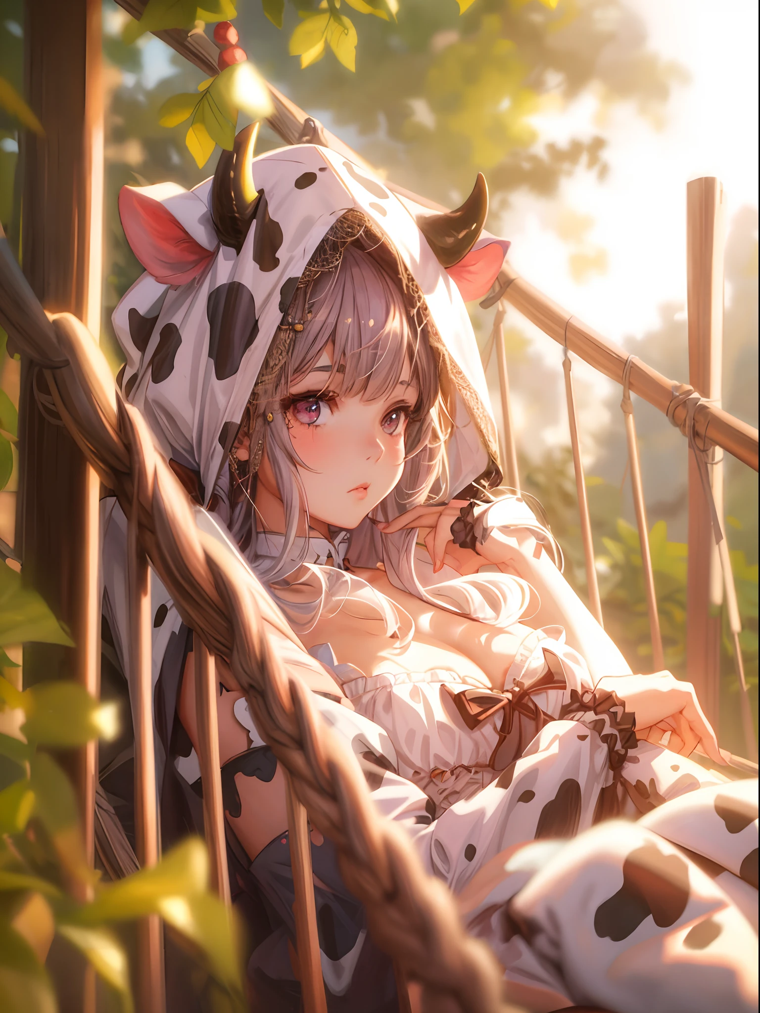 there is a girl in a cow costume sleep at ease in a hammock, artwork in the style of guweiz, trending on cgstation, guweiz, fanart best artstation, guweiz on artstation pixiv, guweiz on pixiv artstation, cute detailed digital art, trending on artstation pixiv, adorable digital painting, relaxing concept art