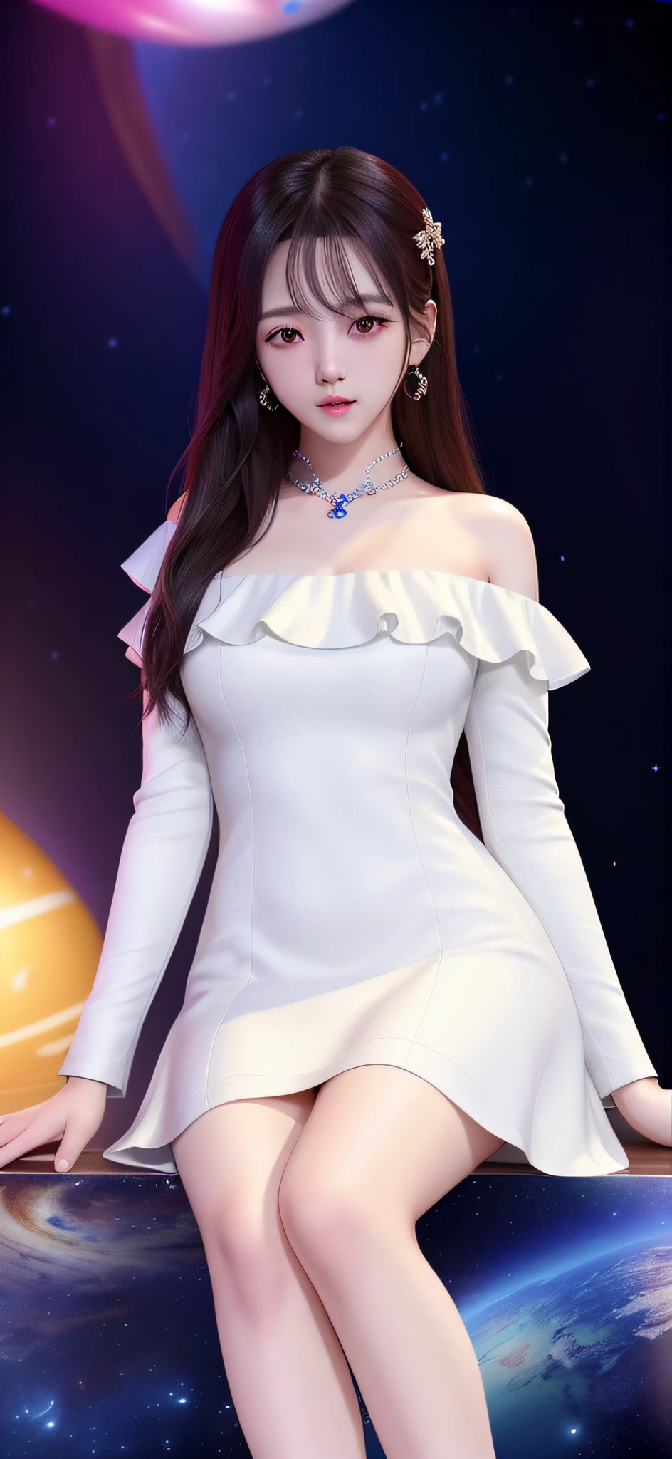 (the Extremely Detailed CG Unity 8K Wallpapers)、most beautiful artwork in the world、1girl in、Full body like、Kpop Idol、Jisoo-so、sitting on、planetarium