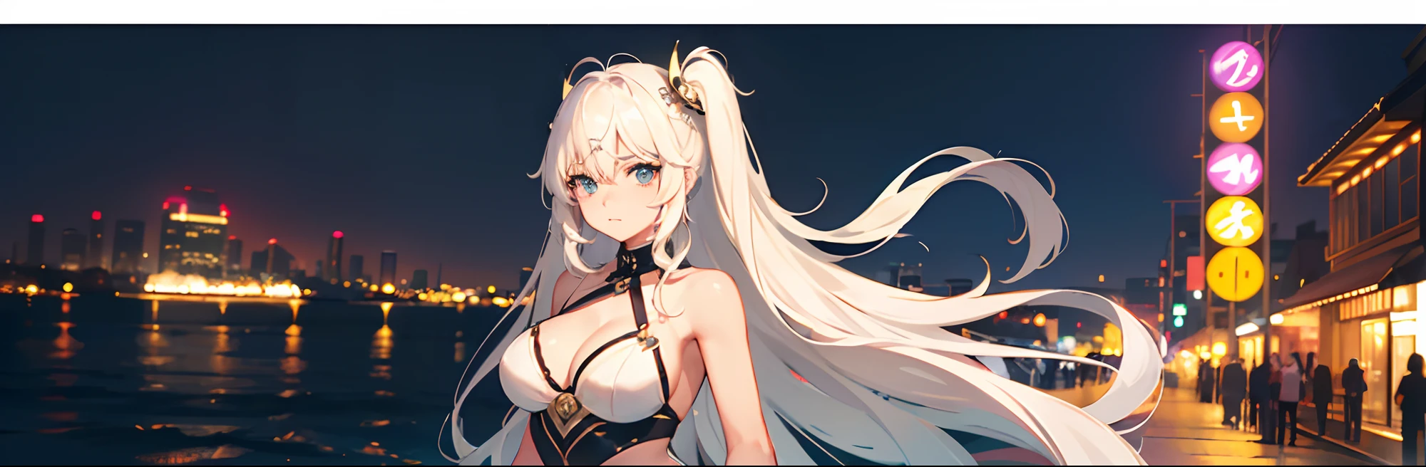 ((Best Quality)), (Ultra-detailed), ((Extremely detailed)), (Beautiful), ((Kawaii Girl)),(two side up hair).,Platinum Blonde Hair,Long hair, hair between eye, Wavy Hair, Long sideburns,Jade-colored eyes, White skin,Normal Chest,Slender body,Cross Halter Bikini,Sandals,background a pool, Night, Night view of New Tokyo City, Starry sky, Neon light,,Look Camera