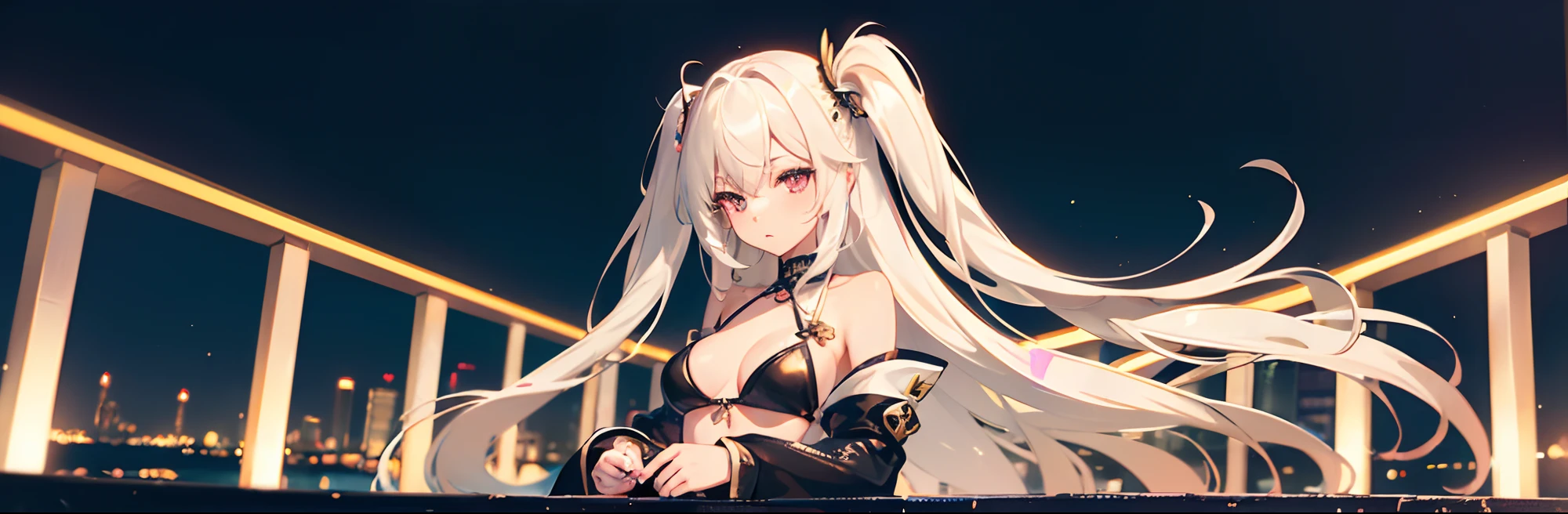 ((Best Quality)), (Ultra-detailed), ((Extremely detailed)), (Beautiful), ((Kawaii Girl)),(two side up hair).,Platinum Blonde Hair,Long hair, hair between eye, Wavy Hair, Long sideburns,Jade-colored eyes, White skin,Normal Chest,Slender body,Cross Halter Bikini,Sandals,background a pool, Night, Night view of New Tokyo City, Starry sky, Neon light,,Look Camera