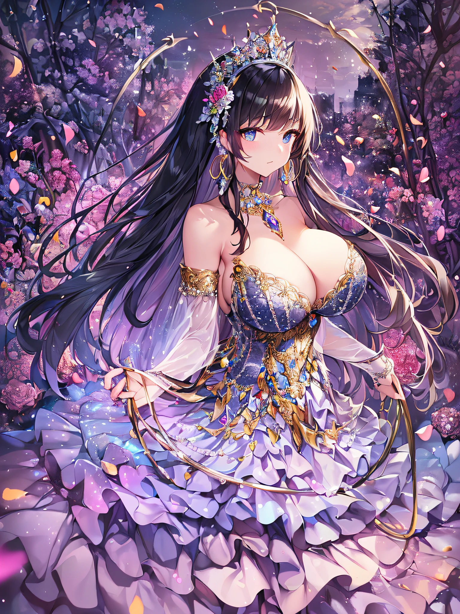 ((anime artstyle)),(Masterpiece),(Best Quality), (Super Detail),((Very Delicate and Beautiful)),(((Solo))),((full body portrait)),(((1 princess in gorgeous princess ballgown with voluminous full length hoop skirt))),((crinoline)),Long train,((standing in garden)),(gorgeous gemstone jewelry),detailed face and eyes,jewel-like eyes,((large amount of straight hair,extremely voluminous Hair,Very Long Straight Hair)),((gigantic tits,Long tits)),cleavage,extremely gorgeousfull hair ornament,((bling-bling extremely gorgeousfull jeweled tiara)),((Dynamic Angle)),Looking at viewer,,flowers,flower petals flowing,(((gorgeous princess ballgown with voluminous full length hoop skirt)))