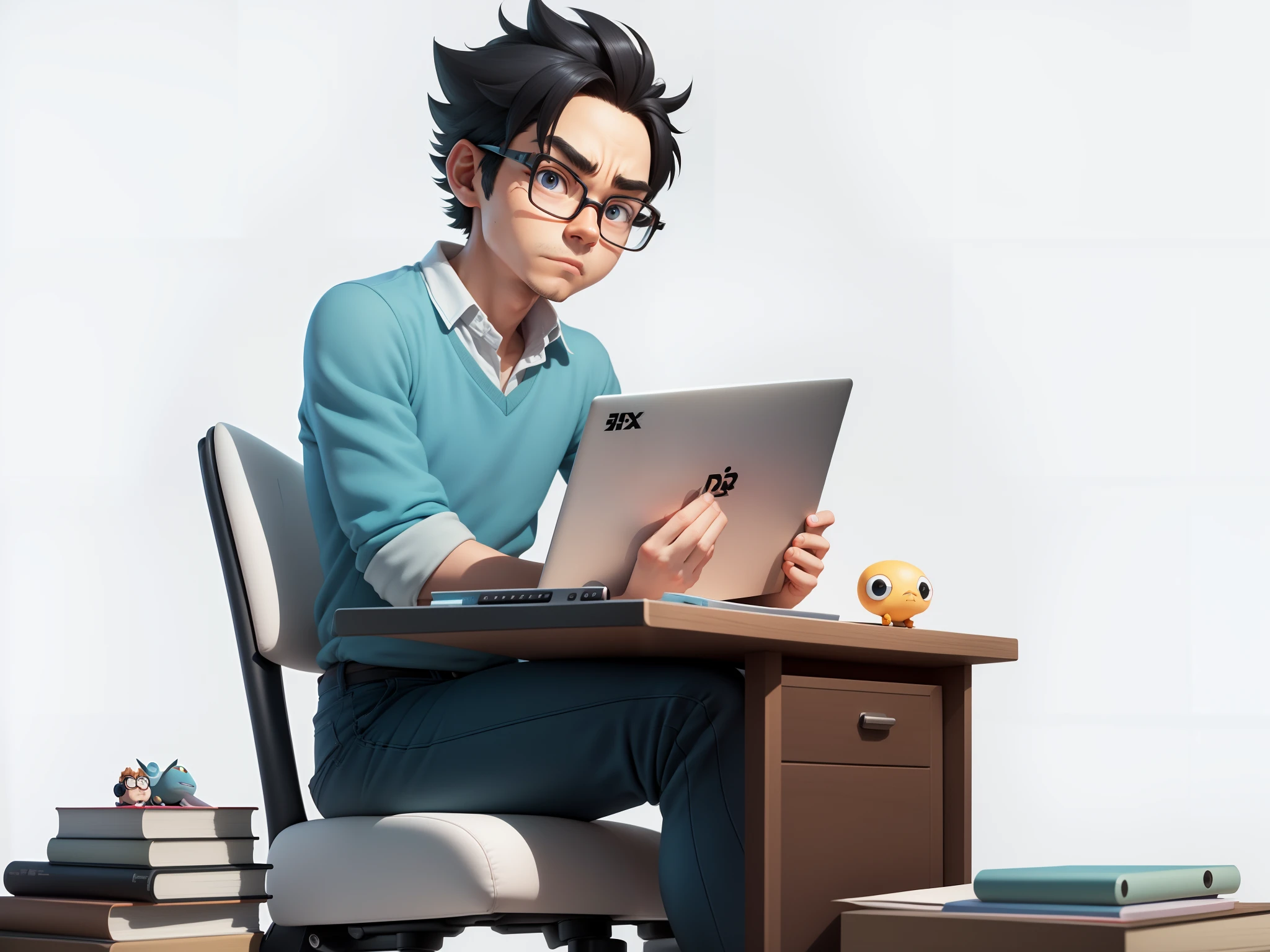 A young man with glasses sits at his desk,holding laptop,digitial painting,3D character design by Mark Clairen and Pixar and Hayao Miyazaki and Akira Toriyama,4K HD illustration,Very detailed facial features and cartoon-style visuals。