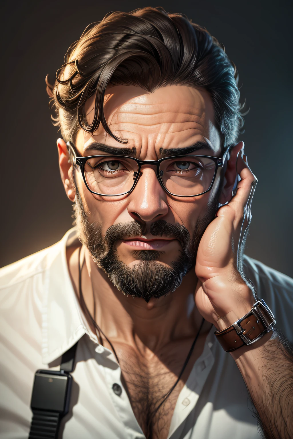 Desenho, ultra realista, 8k, extremamente detalhado, na melhor qualidade, A normal man with a thoughtful hand on his head, with appearance of 50, professor, com barba, and glasses, em uma sala com computador