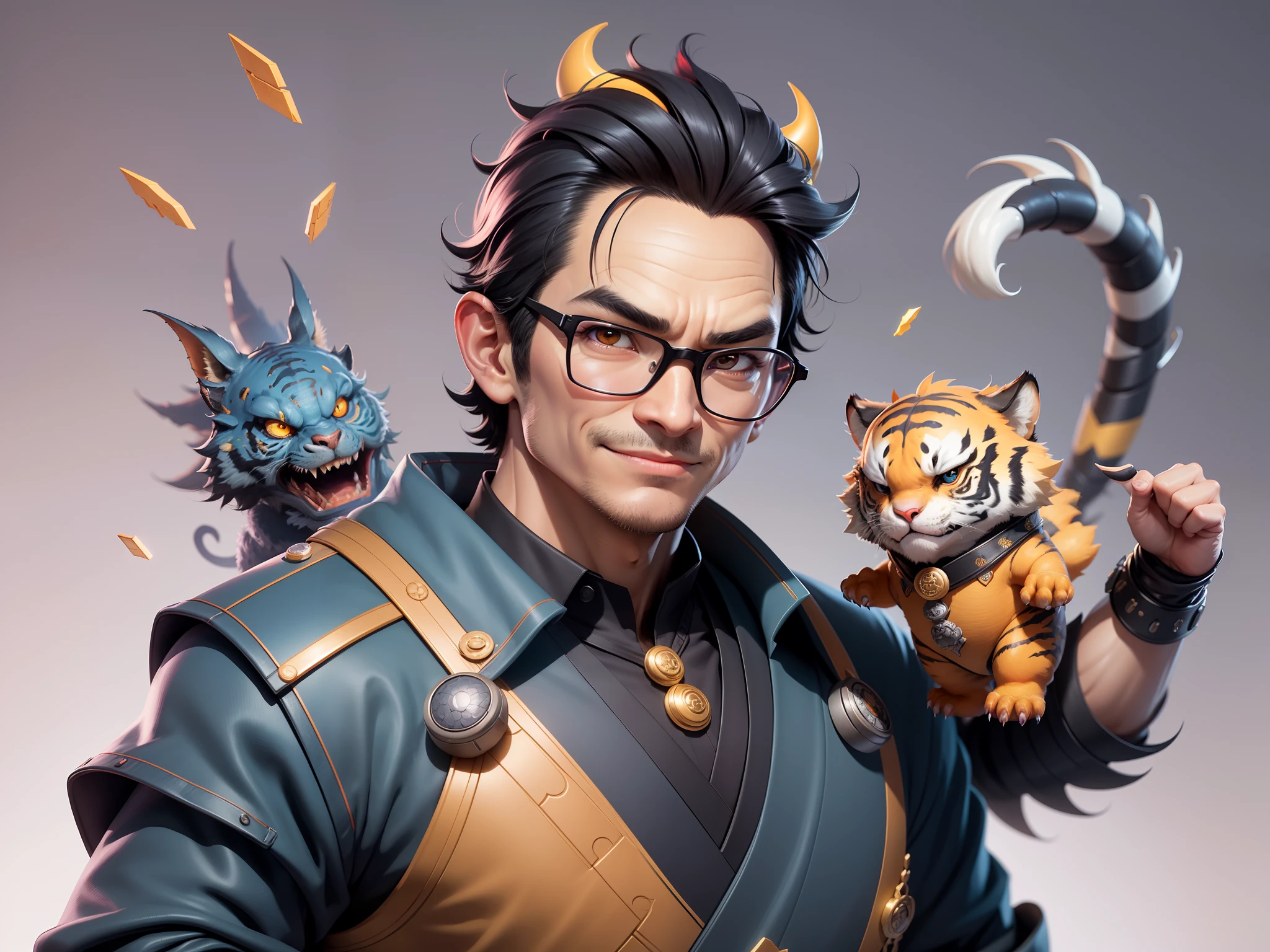 (Masterpiece), (Excellent), (Super Meticulous), (Full Body: 1.2), Super Young Man with Japanese Female Geisha, Pretty, Beautiful, Chinese Dragon, Tiger, Wind God Thor, Sexy, Bursting, Oriental Face, TV Anchor, Bust Portrait Illustration, Black Suit, Blue Tie, Slightly Chubby Face, Silver Glasses, Very Clean Face, No Beard on Chin, Black Super Short Hair, Black Eyes, Confident Smile, 3c Computer Sub-Products, iPad, iPhone, Digital Painting, 3D character design by Mark Clairedon and Pixar and Hayao Miyazaki and Akira Toriyama, the illustrations are HD illustrations in 4K resolution with highly detailed facial features and cartoon-style visuals.