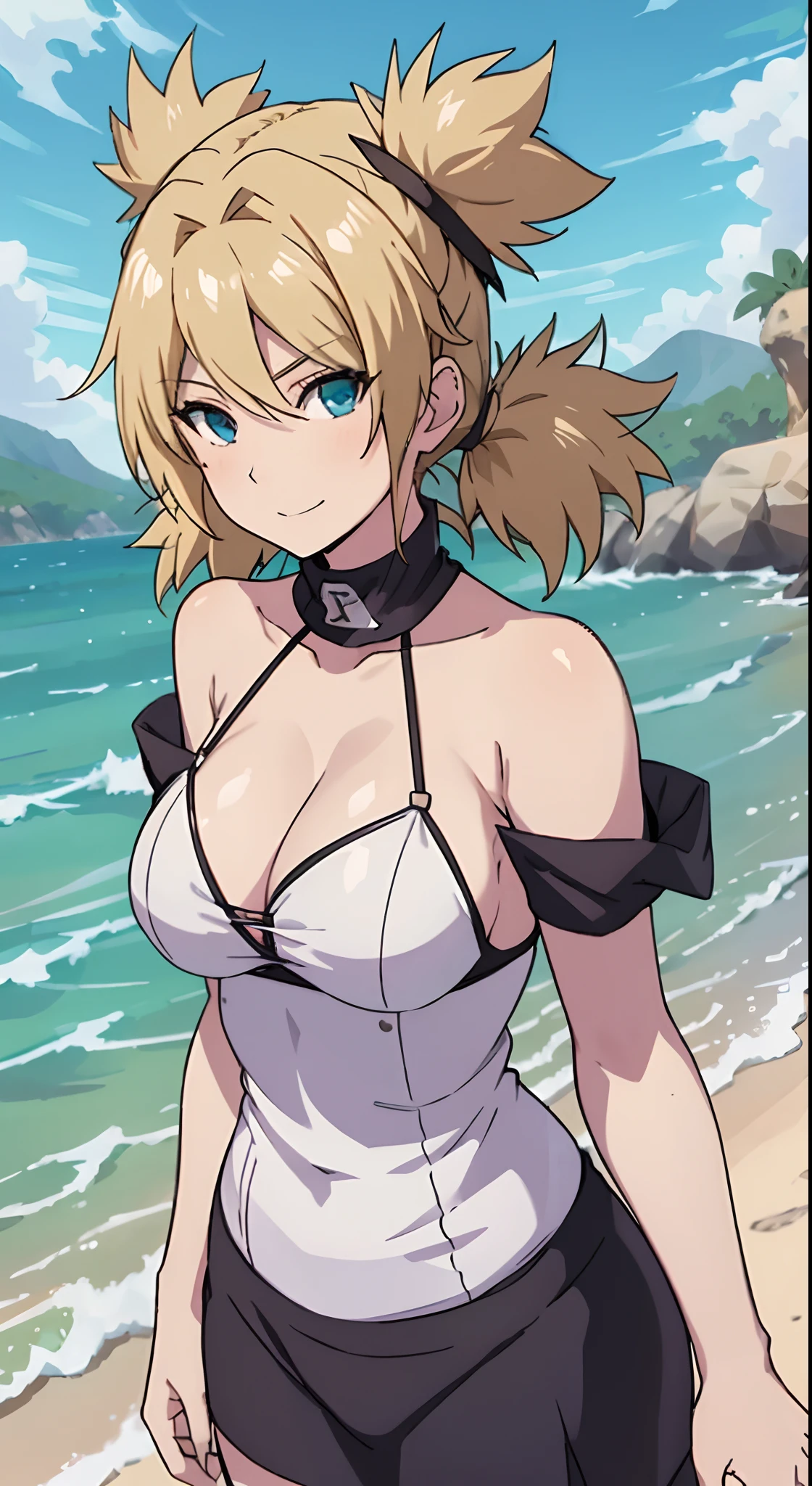 (tmasterpiece:1.3),blond hairbl,ssmile,slightly fat big breasts,Be red in the face,best qualtiy,The is very detailed,Get close to the lens,Delicate and beautiful face,sea beach,rays of sunshine,baiyun,Flying birds,cleavage,fat guy,Frontal photo,sportrait,Off-the-shoulder attire,sportrait