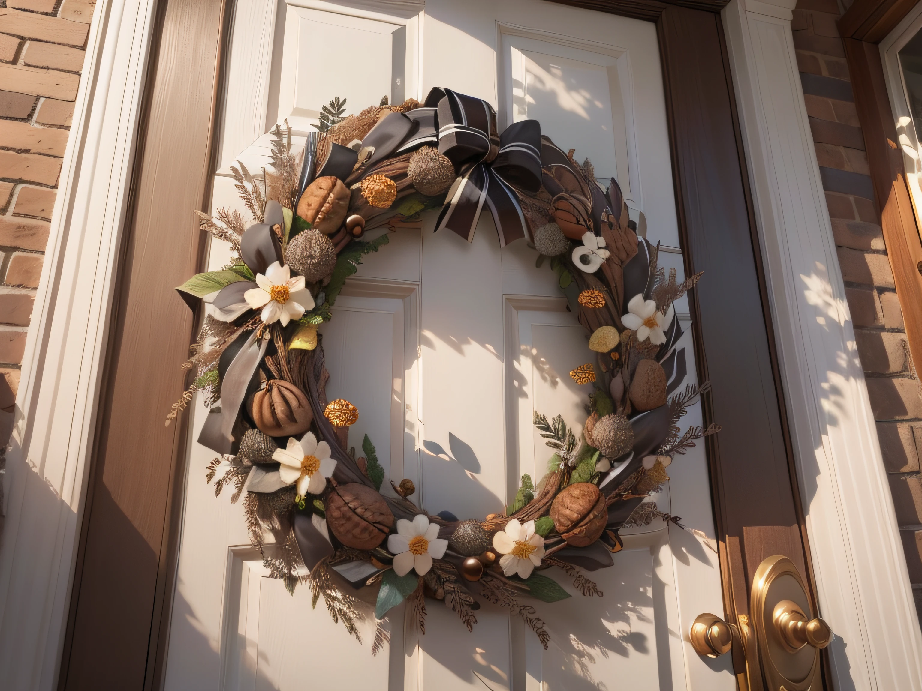 Wreath of nuts and leaves on the door in front of the white door, No flowers, Inspired by McKendree Long, A hyper-realistic, Beautiful fece!, Charcoal gray ribbon knot, Made of dried flowers,, acorn, nut, Beautifully Lit, Brown accents