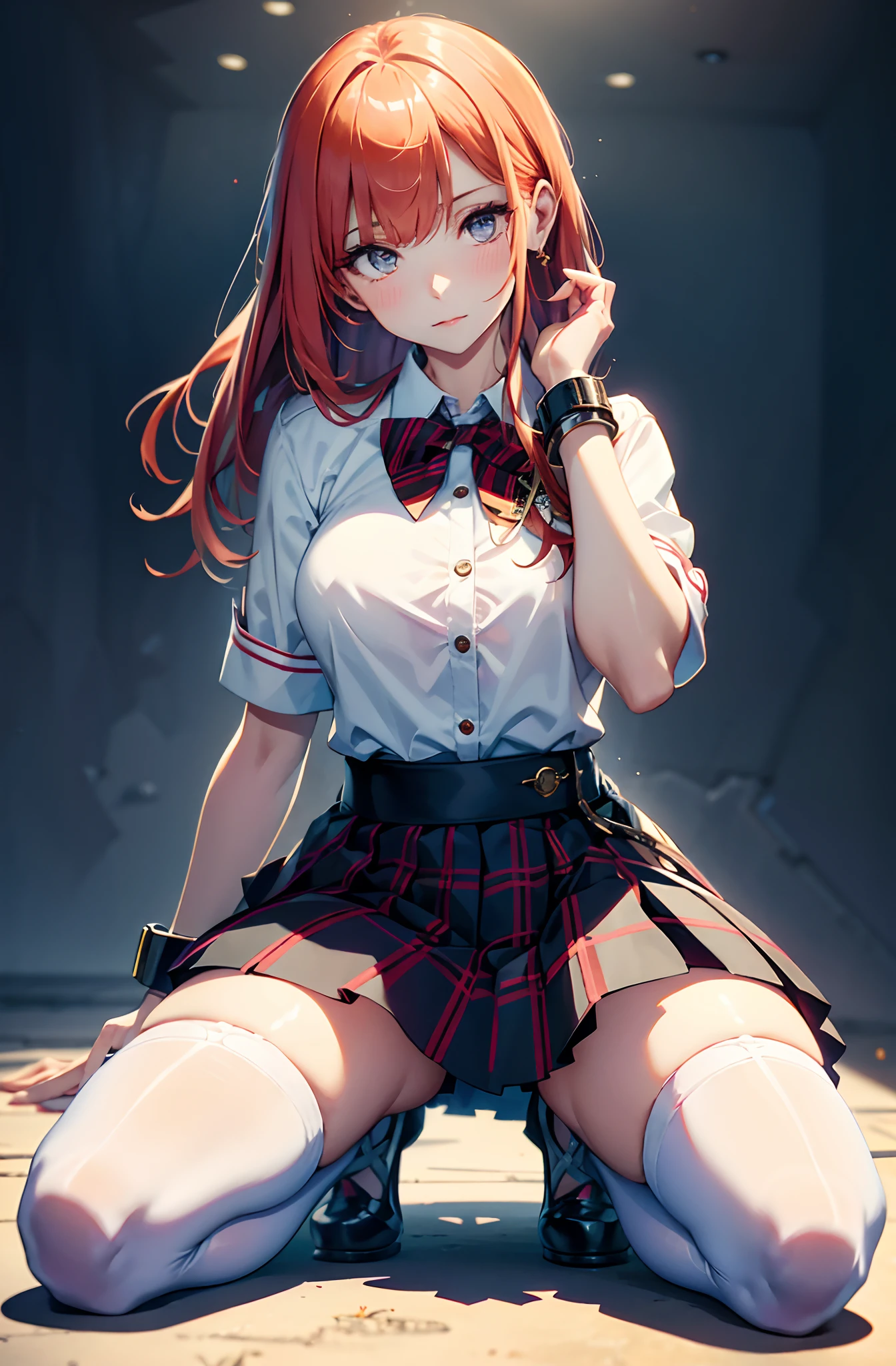 best qualityer,tmasterpiece,Ultimate resolution,downy,Extremely colorful,mature pretty woman,(JK school uniform),neck bowtie,Plaid skirts,(Beauty severed head),Normal posture,Redlip,Collar,Kneeling pose,(Point at you with your ass),shackle,behead,guillotine,behead,Collar,handcuff,Anklets,(white stockings),Mary Jane shoes,Normal posture