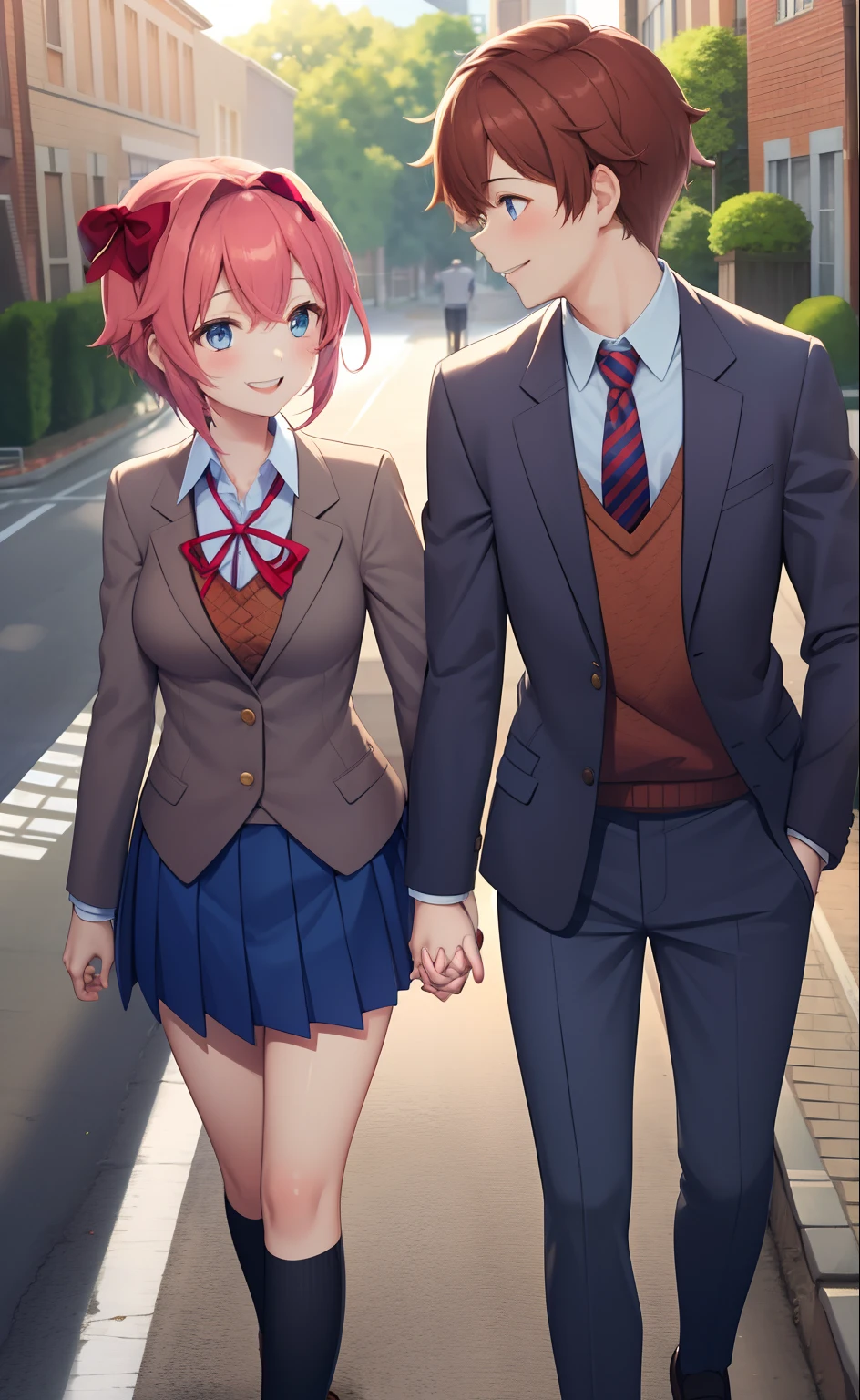 masterpiece, best quality, 2others, couple, 1man with 1woman, Height difference, happy, love, smile, 1 boy, highschool boy, brown hair, brown eyes, school uniform, blazer, brown sweater, collared shirt, neck tie, blue trousers, 1 girl, highschool girl, sayori, blue eyes, pink hair, hair bow, red bow, school uniform, blazer, brown sweater, collared shirt, neck ribbon, blue skirt,  street, holding hands, standing, fullbody, day, sunlight