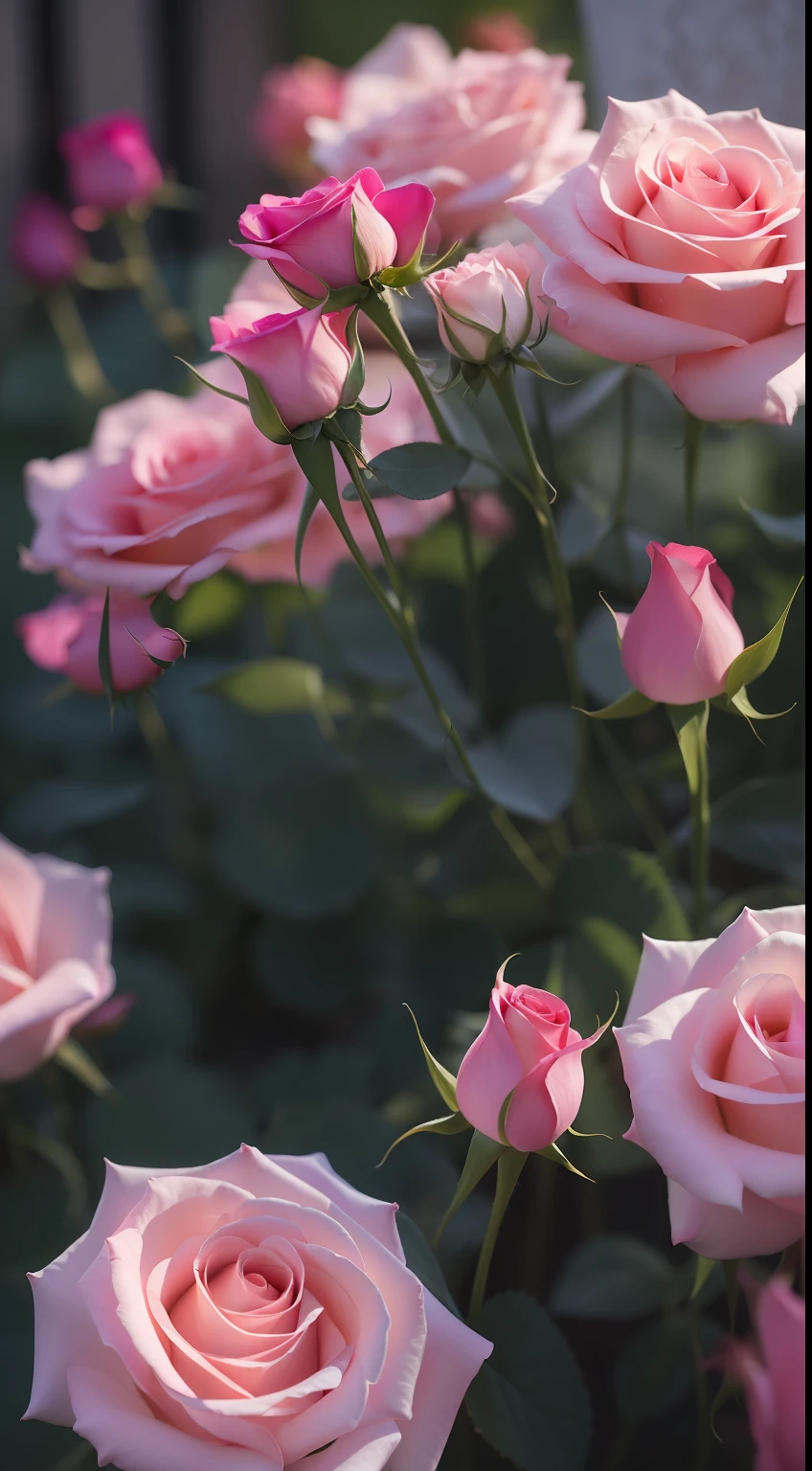 Pink roses grow in the bushes in the garden, Pink Rose, roses in cinematic light, pink rosa, Rose Twinings, photo of a rose, Anna Nikonova, with soft pink colors, photo taken with canon 5d, soft light 4 k in pink, taken with a pentax k1000, Incredibly beautiful, Melanchonic Rose Soft Light