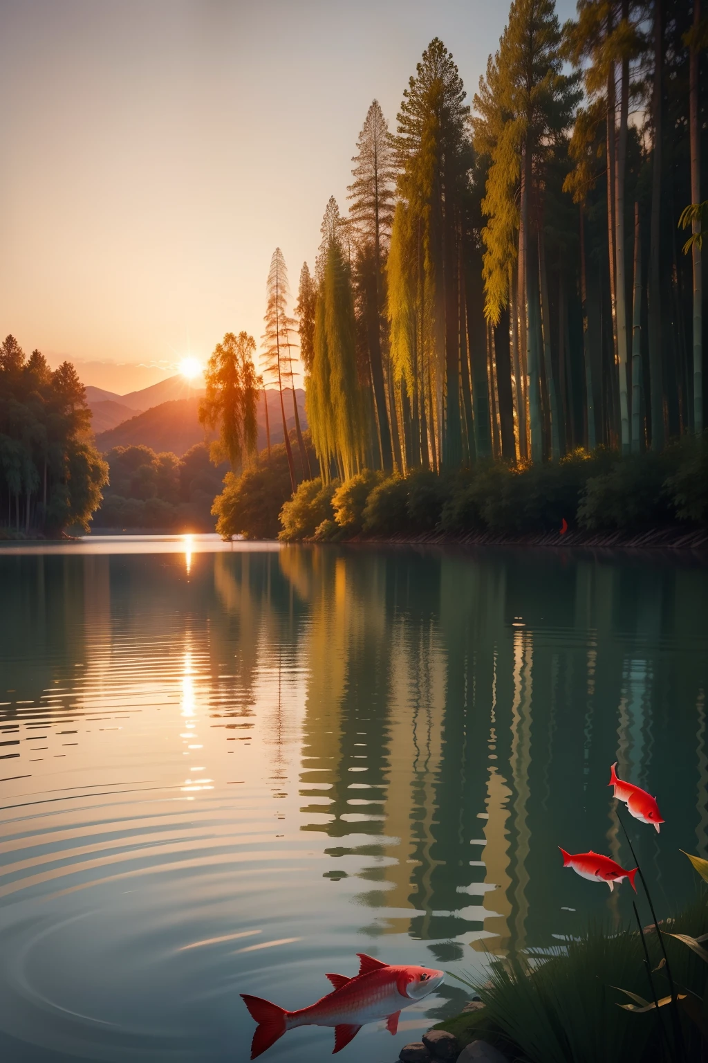 Peaceful lake,The background is the setting sun,A bamboo leaf,Falls on the lake,A red carp jumps out,A fairy flew in the air