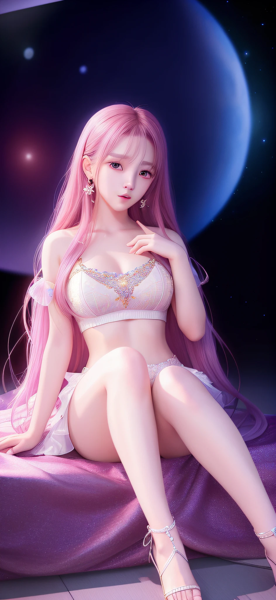(the Extremely Detailed CG Unity 8K Wallpapers)、most beautiful artwork in the world、1girl in、Full body like、Kpop Idol、Jisoo-so、sitting on、planetarium