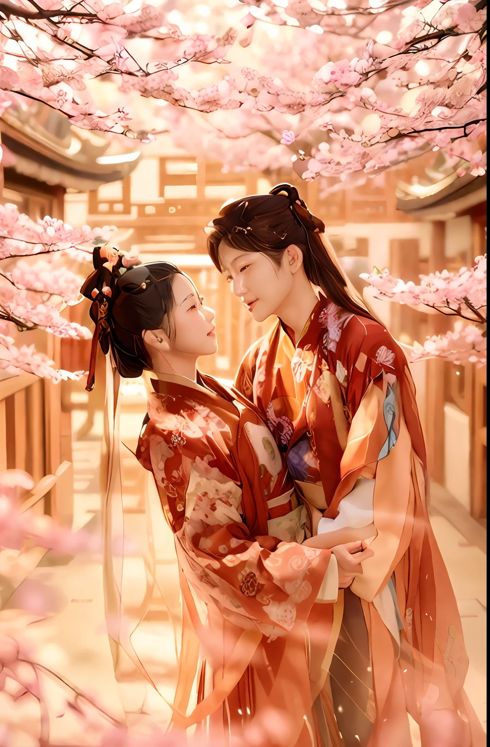 best qualtiy, ultra - detailed, tmasterpiece, finedetail, A high resolution, 8k wallpaper, realistic detail, Clothing details, skin detailed, Photoshop \(curly\),(ulzang-6500-v1.1:0.5), Ancient Chinese couple,Look at each other,Chinese courtyard,Chinese style buildings,falling flower petals、flying petal、butterflys、Peach blossom tree background,
