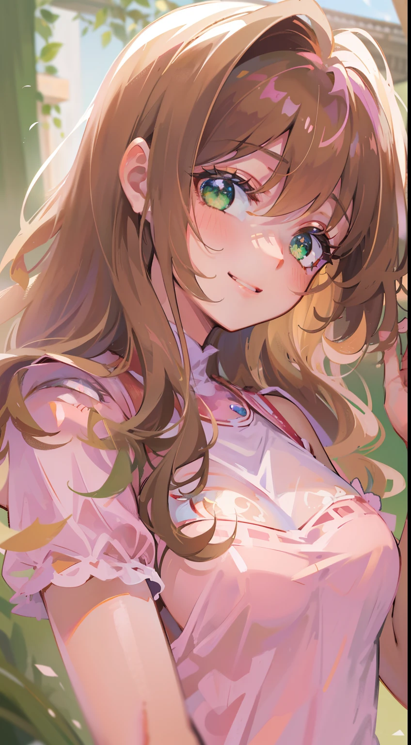 (masterpiece), best quality, ultra high res, sharp focus, ((1 woman, solo)), (warm pastel color),
pink shade toned, perfect feminine face, upper body, medium long shot, MLS, background blur only focus on face, beautiful detailed hair, chesnut brown hair, long hair tumbles down, ((beautiful shape eyes, green eyes)), beautiful detailed face, smiles warmly, look at the viewer, coquette clothes, model pose