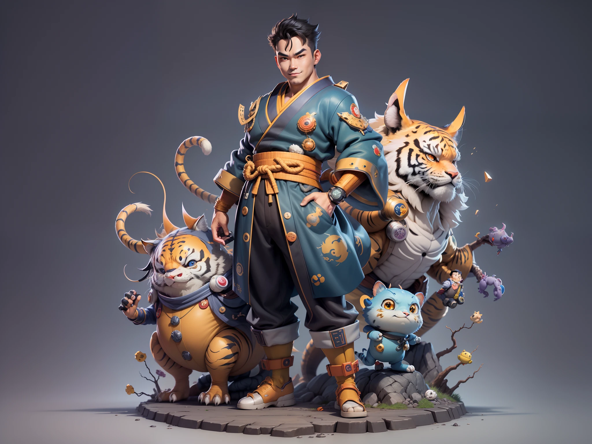(Masterpiece), (Excellent), (Super Meticulous), (Full Body: 1.2), Super Young Man, Oriental Face, Japanese Kimono, Japanese Wind Thunder God, Dragon, Tiger, TV Anchor, Bust Portrait Illustration, Alone, Black Suit, Blue Tie, Slightly Chubby Face, Very Clean Face, No Beard, Black Super Short Hair, Black Eyes, Confident Smile, 3c Computer Sub-Products, iPad, iPhone, Digital Painting, 3D Character Design by Akira Toriyama and Mark Claireden and Pixar and Hayao Miyazaki, The illustration is a high-definition illustration in 4K resolution with very detailed facial features and cartoon-style visuals.
