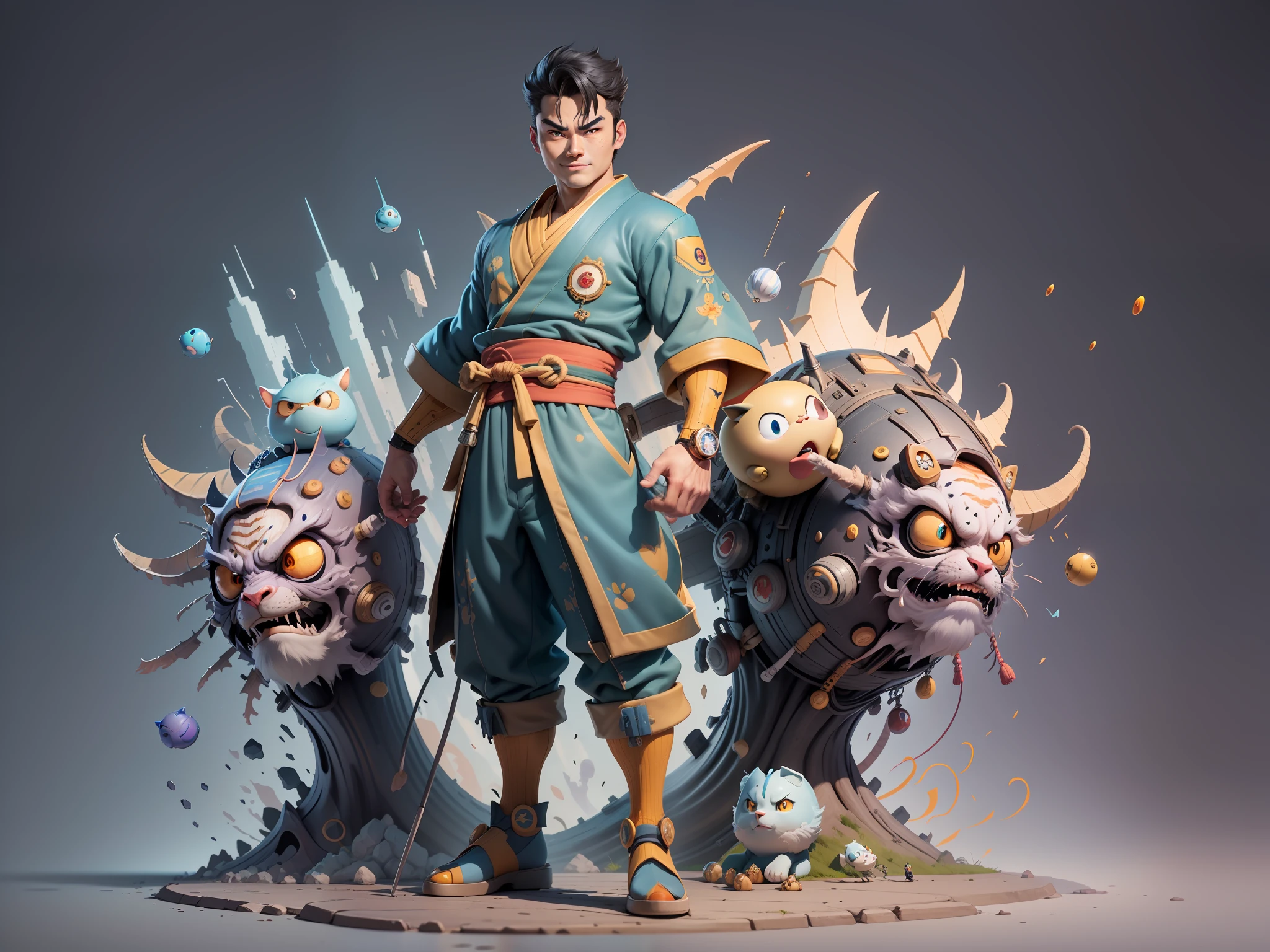 (Masterpiece), (Excellent), (Super Meticulous), (Full Body: 1.2), Super Young Man, Oriental Face, Japanese Kimono, Japanese Wind Thunder God, Dragon, Tiger, TV Anchor, Bust Portrait Illustration, Alone, Black Suit, Blue Tie, Slightly Chubby Face, Very Clean Face, No Beard, Black Super Short Hair, Black Eyes, Confident Smile, 3c Computer Sub-Products, iPad, iPhone, Digital Painting, 3D Character Design by Akira Toriyama and Mark Claireden and Pixar and Hayao Miyazaki, The illustration is a high-definition illustration in 4K resolution with very detailed facial features and cartoon-style visuals.