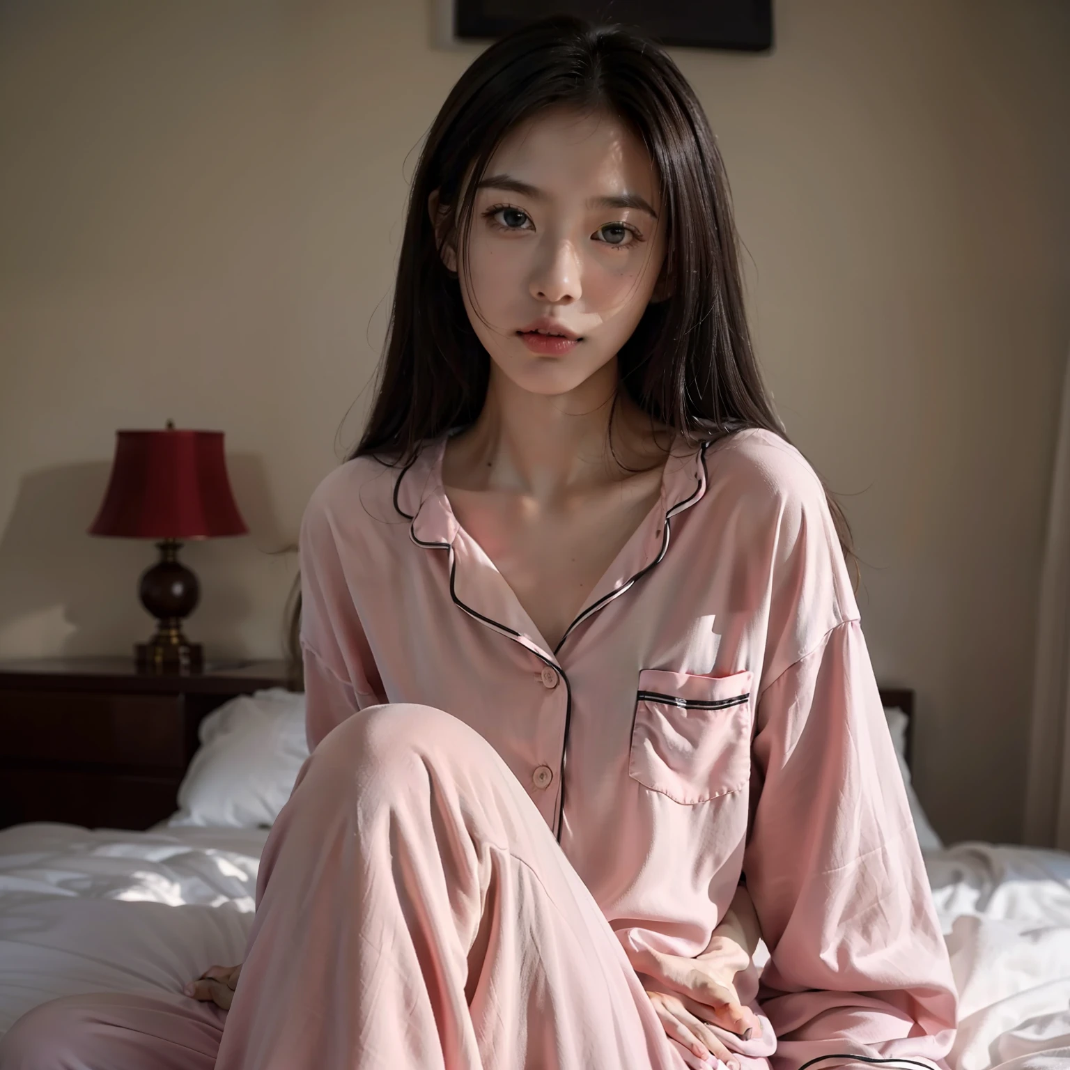 top-quality, ​masterpiece, 超A high resolution, 8K, Unripe, (photographrealistic:1.4), physically-based renderingt, depth of fields, Look at viewers, A slender, (sitting on:1.1), In a luxurious bedroom, detailed beautiful faces, 1 rapariga, cute little, 年轻,, Large black eyes, Black Hair Bob,Pajama luxury, (s Pajamas:1.3),s Pajamas,high-class sense,