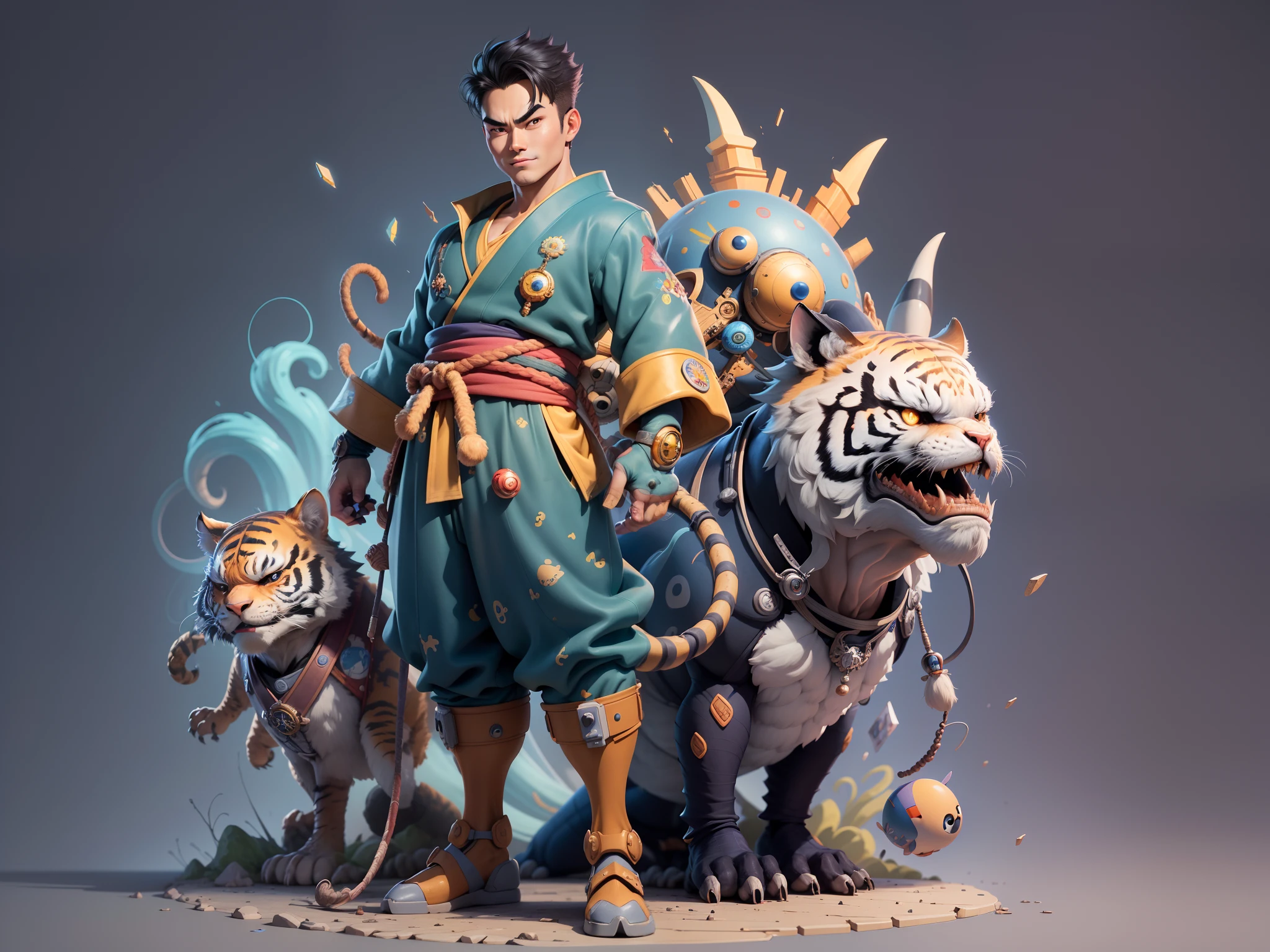 (Masterpiece), (Excellent), (Super Meticulous), (Full Body: 1.2), Super Young Man with Japanese Female Geisha, Beauty, Chinese Dragon, Tiger, Wind God Thor, Sexy, Bursting, Oriental Face, TV Anchor, Bust Portrait Illustration, Black Suit, Blue Tie, Slightly Chubby, Very Clean Face, No Beard, Black Super Short Hair, Black Eyes, Confident Smile, 3c Computer Sub-Products, iPad, iPhone, Digital Painting, 3D Character Design by Mark Claireden and Pixar and Hayao Miyazaki and Akira Toriyama, The illustration is a high-definition illustration in 4K resolution with very detailed facial features and cartoon-style visuals.