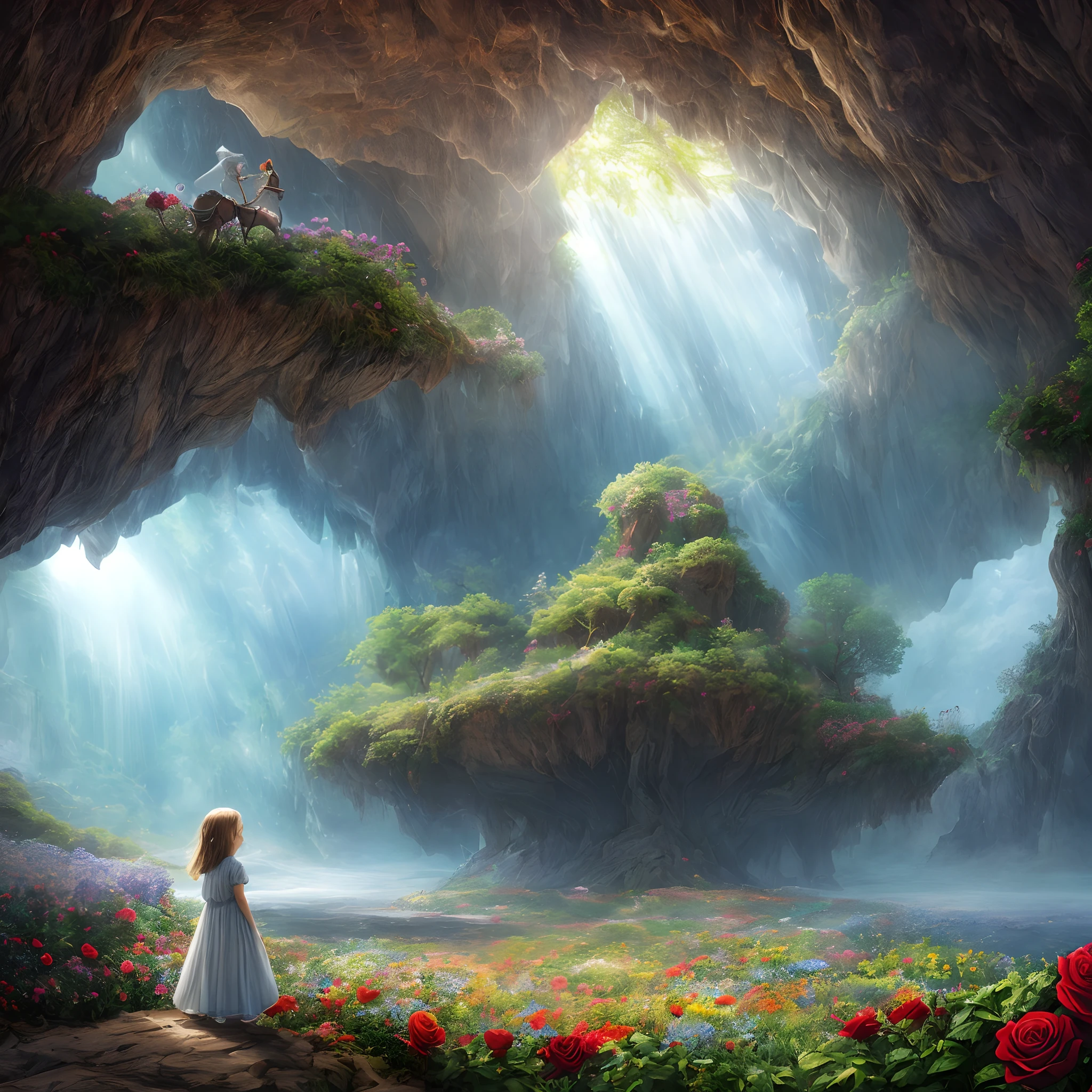 extremely detailed CG unity photorealistic rendering, pre-raphaelite inspired art style),((1little girl) riding on the back of the,(vividly blooming flower garden),fantasy ambiance, dramatic composition,fog, backlit hair, sunbeams،A giant beautiful rose with a thousand red velvet petals that lives on a branch with leaves and thorns in a cave and emits a magical blue vibration in its surroundings.