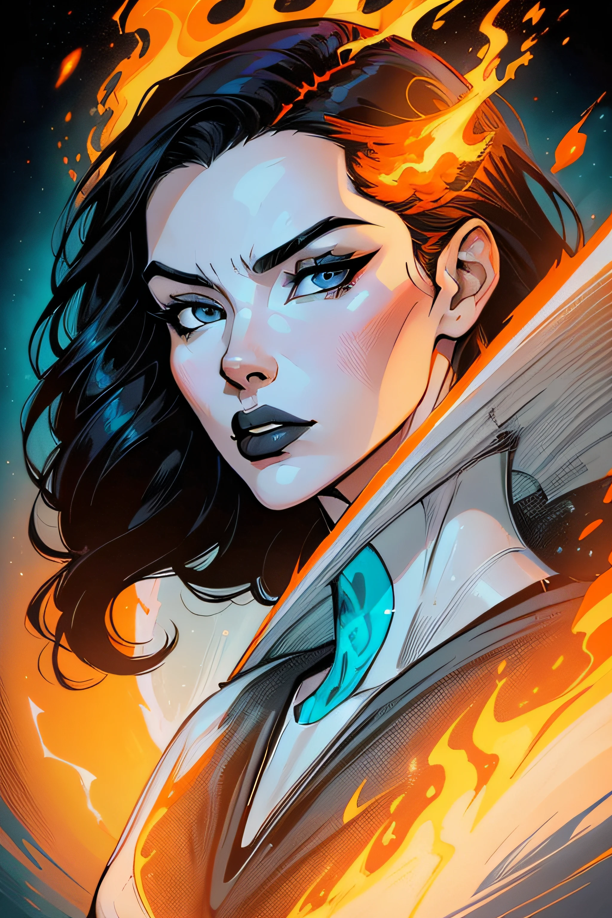 woman with black hair and grey eyes and a white face skinny , beautiful comic art, martin ansin artwork portrait, by Galen Dara, gorgeous art, stunning art style, martin ansin, lois van baarle and rossdraws, cyan and orange, fire and ice, beautiful artwork, ice and fire