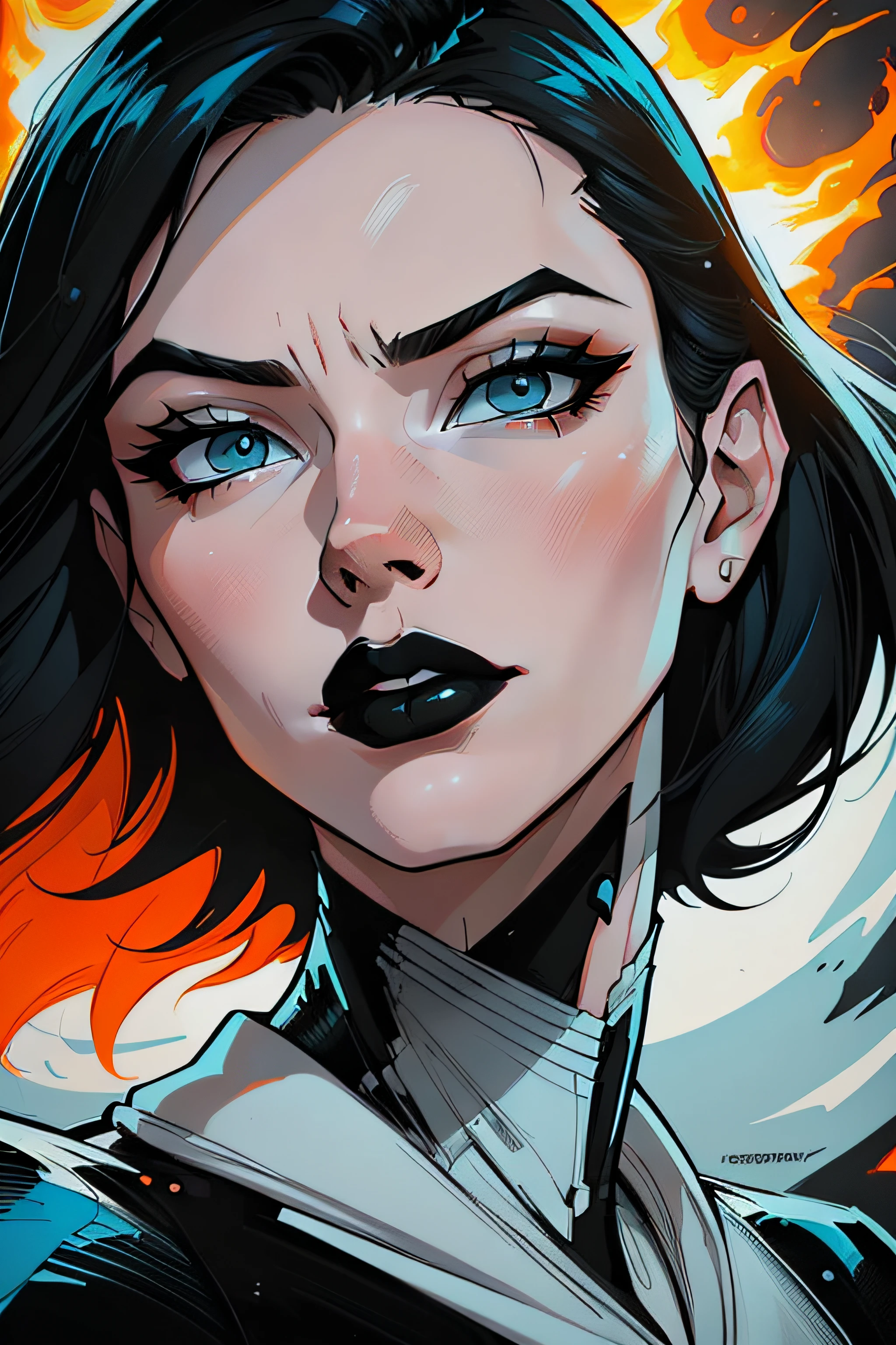 woman with black hair and grey eyes and a white face skinny , beautiful comic art, martin ansin artwork portrait, by Galen Dara, gorgeous art, stunning art style, martin ansin, lois van baarle and rossdraws, cyan and orange, fire and ice, beautiful artwork, ice and fire