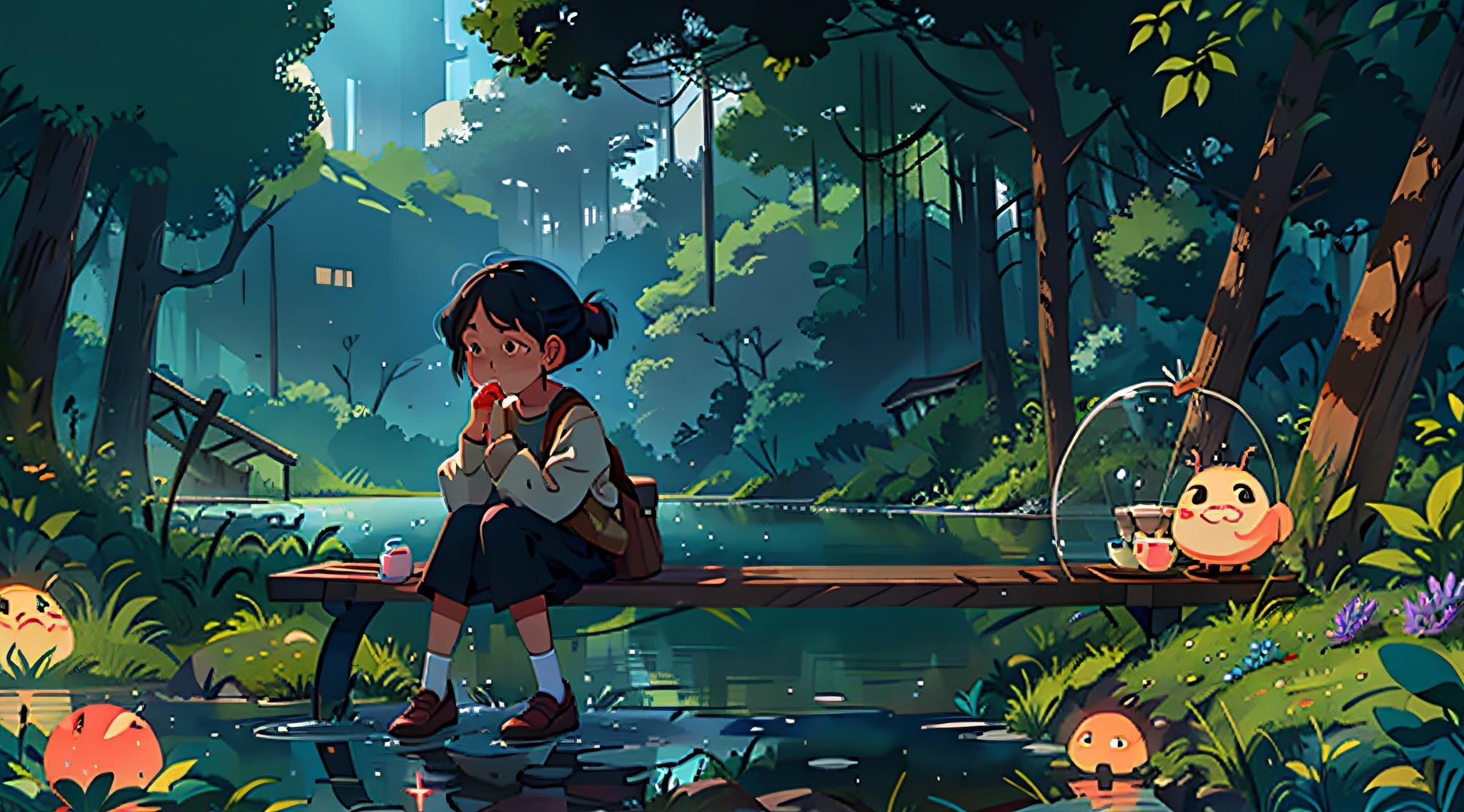 A girl sits on a bench by the lake,weeping,teardrop,heart-broken,Presented in sad style。
