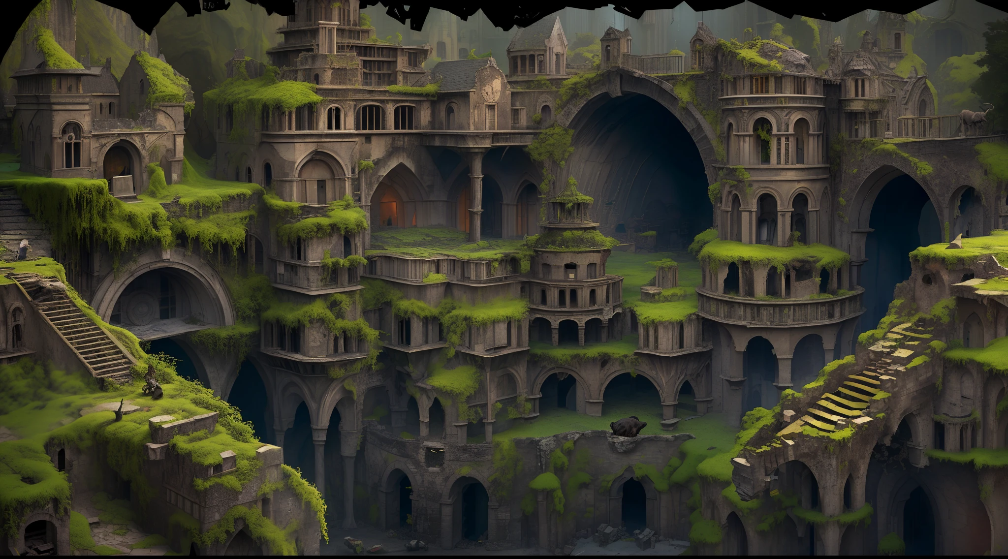 ((((masterpiece, best quality, high resolution)))), Extremely detailed 8K, (ultra detailed) wallpaper, ultra wide shot, photorealism, fantasy art, ancient fantasy_world dwarven (ultra detailed, Masterpiece, best quality) city abandoned, many half built building, 3 rats, a skeleton leaning on a wall, moss covering some of the buildings, dim light fantasy_night, shadows, silhouette, depth of field, city built under the mountain in a big cave,