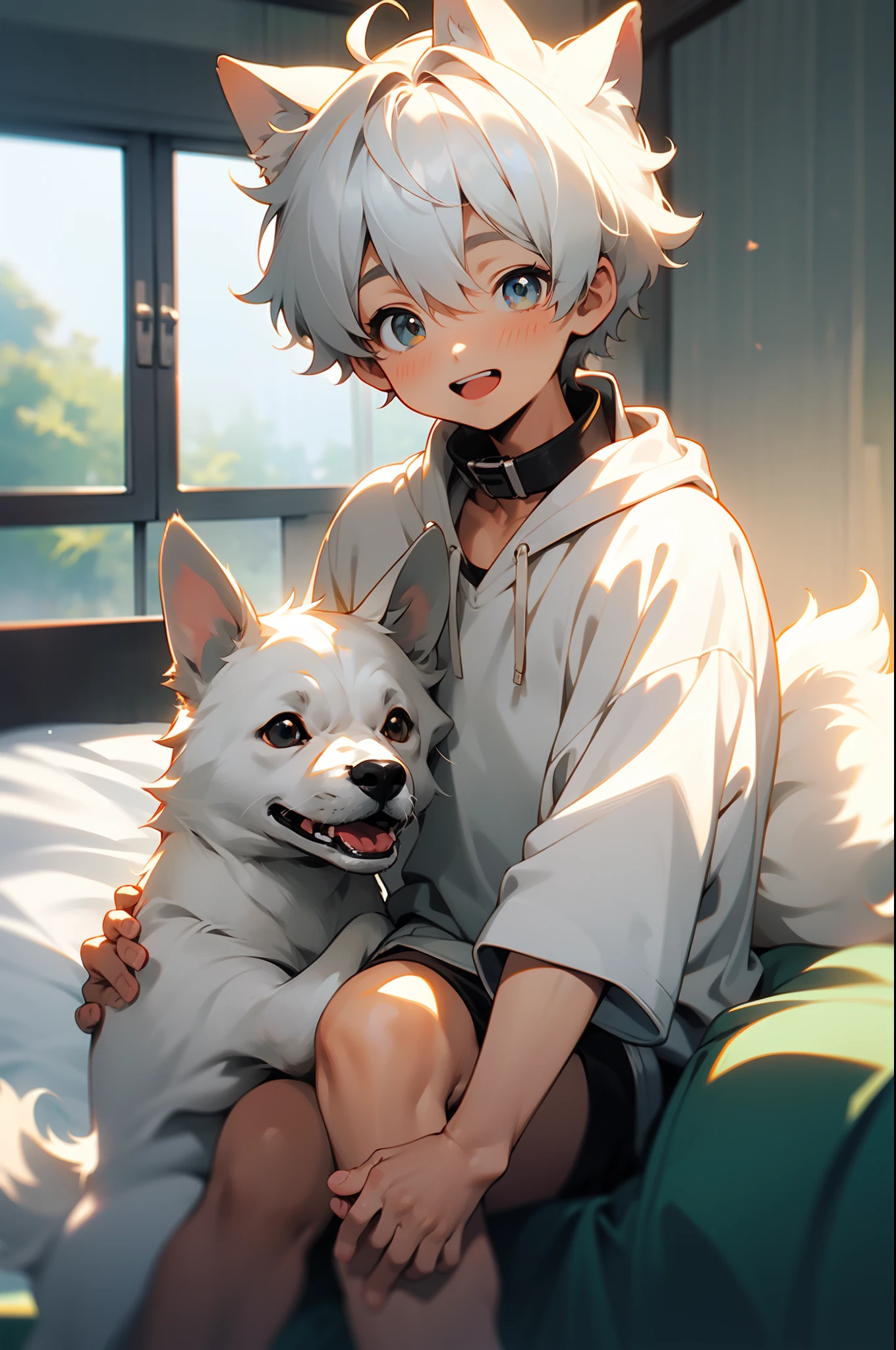 silber hair, short detailed hair, 12-year-old boy, Naked mulattoes,dog ears,Dog tail,There are scars on the nose,Silvery hair, Golden eyes , Anime image of a 12-year-old man , Looks happy, Silver-haired boy face, Golden eyes,Barefoot bare-chested,With a collar, , anime movie screenshot,There are muscles,There are abs,On The Home,Bedroom bed,Wear only shorts,No covering,setia,gentleness,There are canine teeth,juvenile sense,tmasterpiece,best qualtiy,ultra - detailed,A high resolution,Most Best Illustration,Anime comic style,not wearing tops,Bare,There are muscles,There are abs,Full body photo