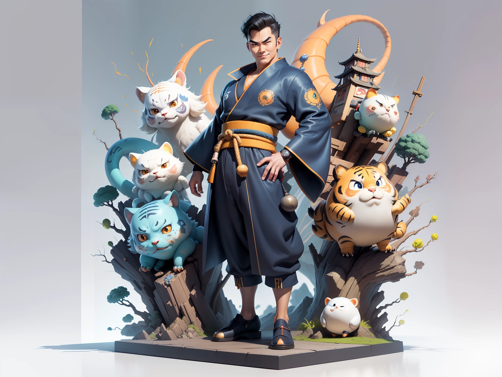 (Masterpiece), (Excellent), (Super Meticulous), (Full Body: 1.2), Super Young Man, Oriental Face, Japanese Kimono, Japanese Wind Thunder God, Dragon, Tiger, TV Anchor, Bust Portrait Illustration, Alone, Black Suit, Blue Tie, Slightly Chubby Face, Very Clean Face, No Beard, Black Super Short Hair, Black Eyes, Confident Smile, 3c Computer Sub-Products, iPad, iPhone, Digital Painting, 3D Character Design by Akira Toriyama and Mark Claireden and Pixar and Hayao Miyazaki, The illustration is a high-definition illustration in 4K resolution with very detailed facial features and cartoon-style visuals.