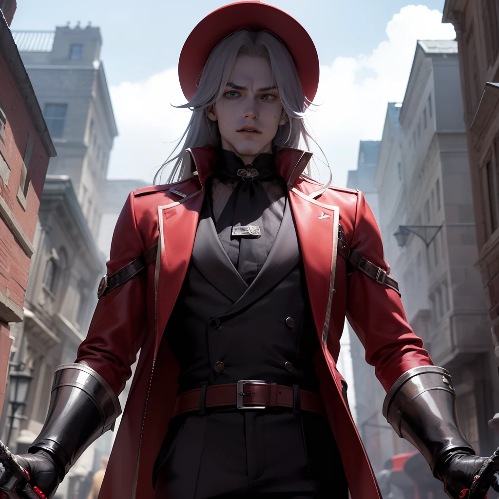 Edward Castlevania, the enigmatic protagonist of your game, emerges as the last surviving descendant of the legendary Castlevania vampire lineage that faded into history and millennia ago. Residing in the 1500 AD era, he aligns himself with the secretive organization known as "The Saber Cross." Tasked with eradicating vampiric threats preying upon humanity, Edward wields his unique dual-transforming pistols, seamlessly transitioning them into formidable swords. His existence bridges the gap between the supernatural and human worlds, adding an intriguing layer of complexity to his character as he navigates his eternal struggle he's also wearing a red jacket tuxedos and have a fedora hat