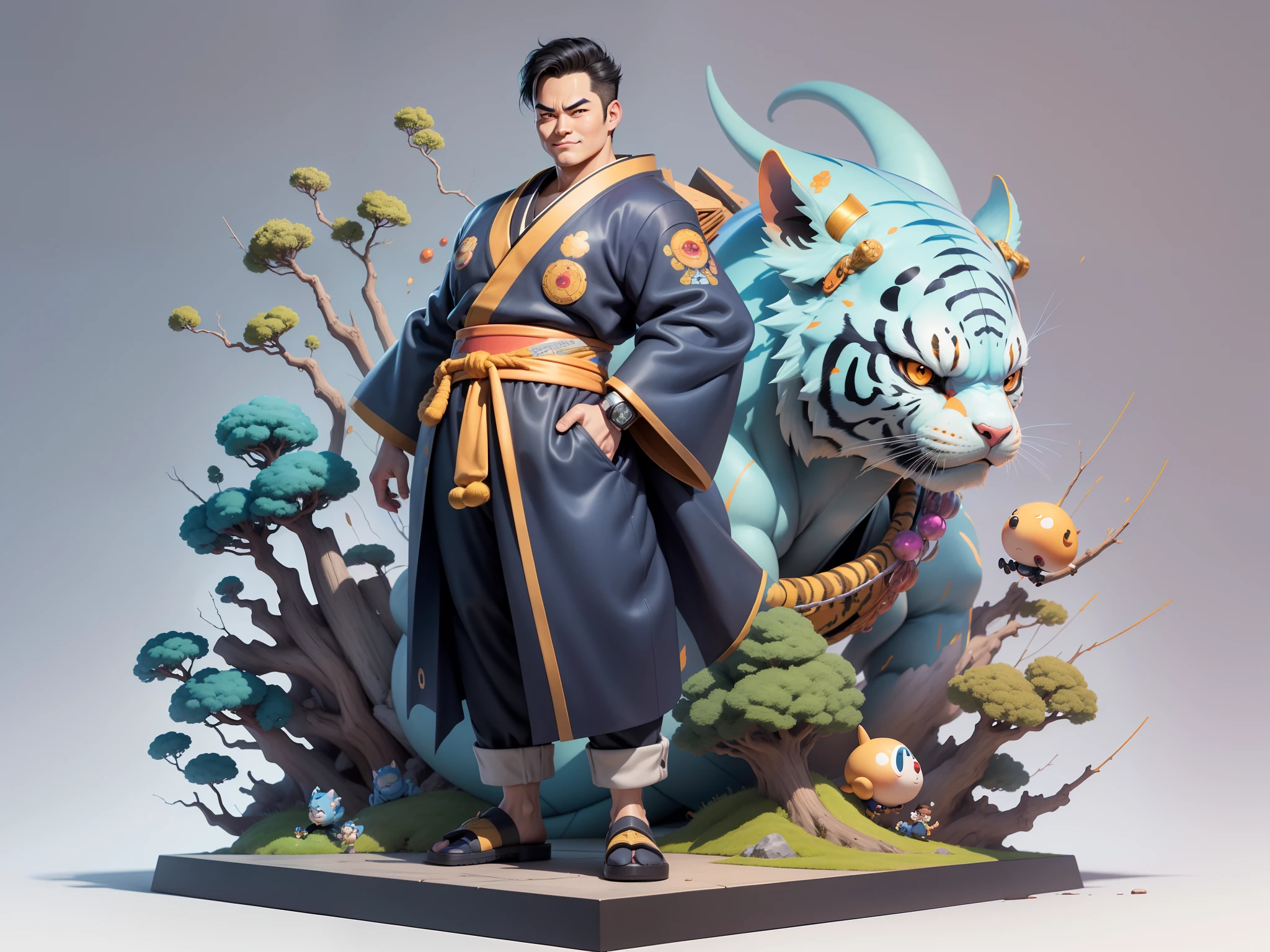 (Masterpiece), (Excellent), (Super Meticulous), (Full Body: 1.2), Super Young Man, Oriental Face, Japanese Kimono, Japanese Wind Thunder God, Dragon, Tiger, TV Anchor, Bust Portrait Illustration, Alone, Black Suit, Blue Tie, Slightly Chubby Face, Very Clean Face, No Beard, Black Super Short Hair, Black Eyes, Confident Smile, 3c Computer Sub-Products, iPad, iPhone, Digital Painting, 3D Character Design by Akira Toriyama and Mark Claireden and Pixar and Hayao Miyazaki, The illustration is a high-definition illustration in 4K resolution with very detailed facial features and cartoon-style visuals.