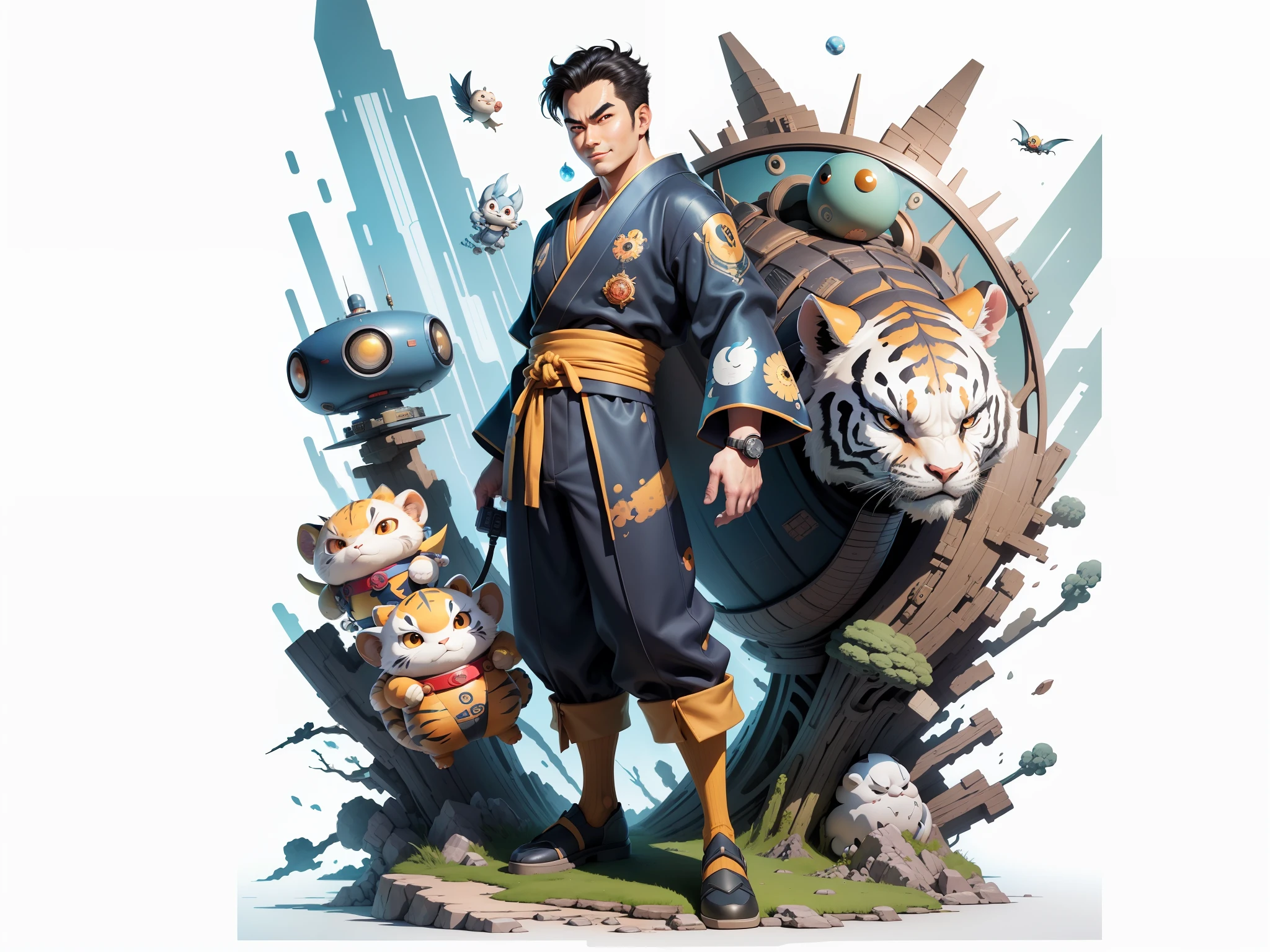 (Masterpiece), (Excellent), (Super Meticulous), (Full Body: 1.2), Super Young Man, Oriental Face, Japanese Kimono, Japanese Wind Thunder God, Dragon, Tiger, TV Anchor, Bust Portrait Illustration, Alone, Black Suit, Blue Tie, Slightly Chubby Face, Very Clean Face, No Beard, Black Super Short Hair, Black Eyes, Confident Smile, 3c Computer Sub-Products, iPad, iPhone, Digital Painting, 3D Character Design by Akira Toriyama and Mark Claireden and Pixar and Hayao Miyazaki, The illustration is a high-definition illustration in 4K resolution with very detailed facial features and cartoon-style visuals.