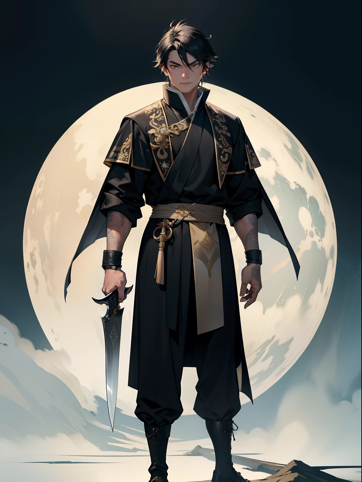 of a guy，Douluo Continent costume，standing on your feet，nigth，Black hair，Knife in hand，Fierce，