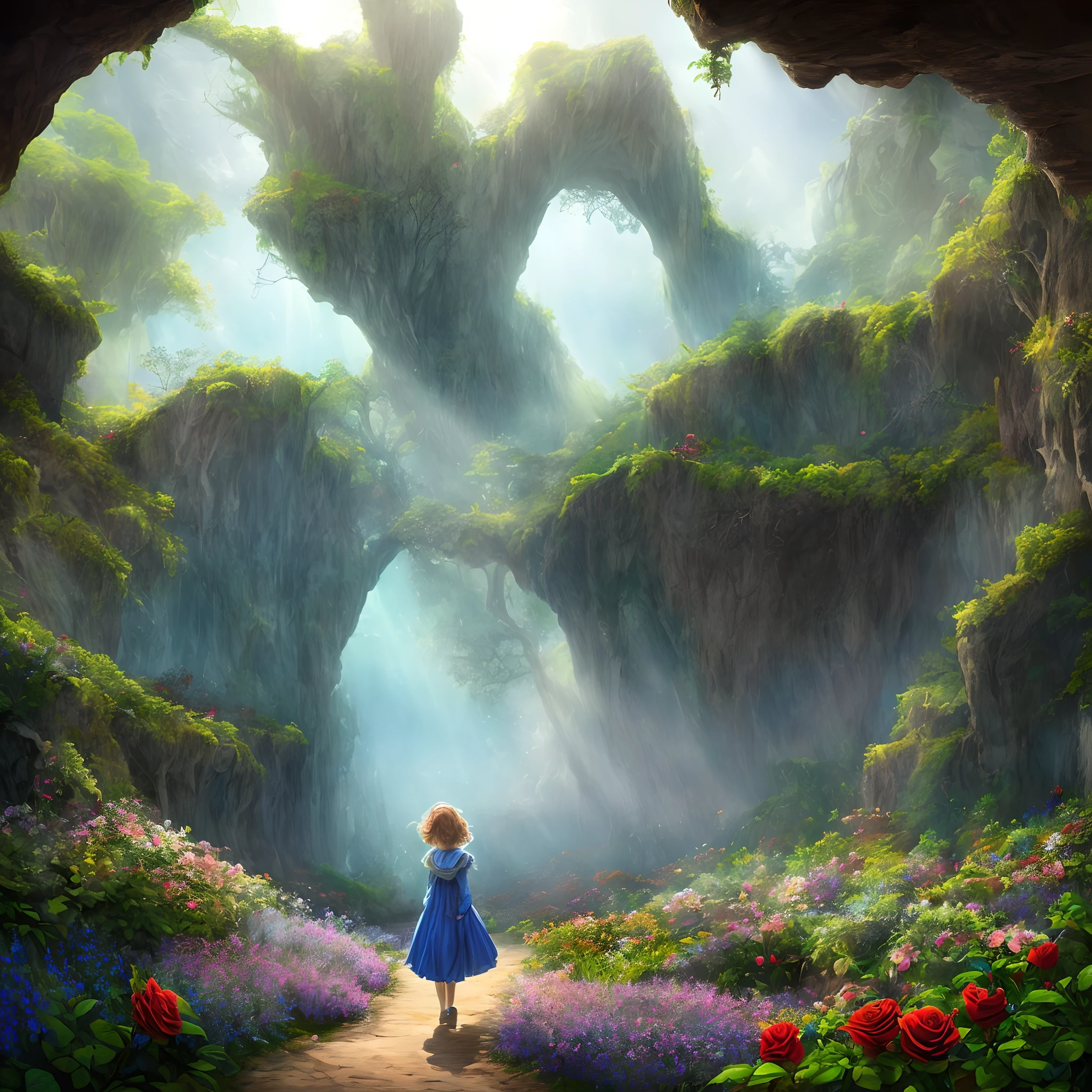 extremely detailed CG unity photorealistic rendering, pre-raphaelite inspired art style),((1little girl) riding on the back of the,(vividly blooming flower garden),fantasy ambiance, dramatic composition,fog, backlit hair, sunbeams،A giant beautiful rose with a thousand red velvet petals that lives on a branch with leaves and thorns in a cave and emits a magical blue vibration in its surroundings.