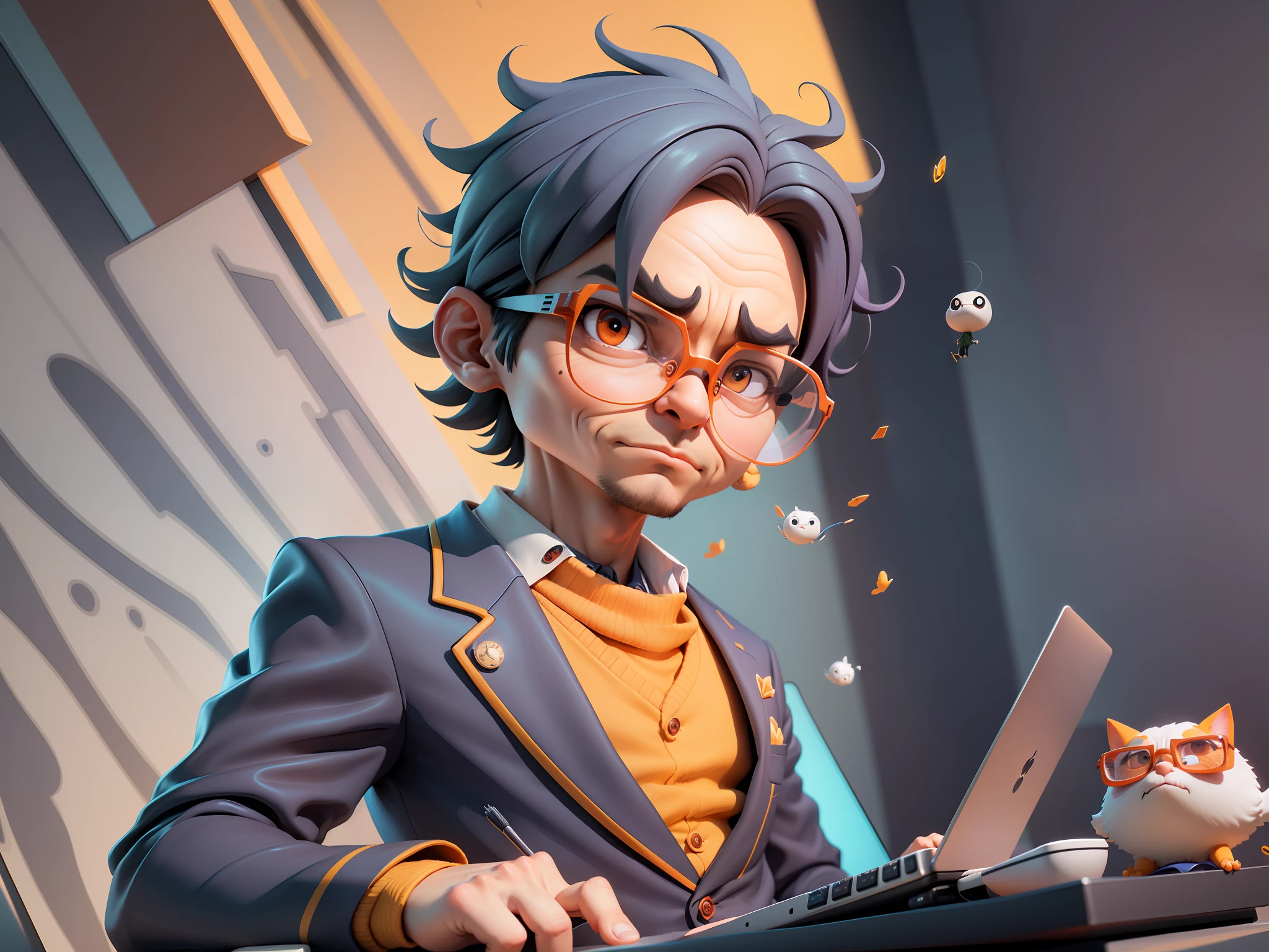 A young man in a suit, Short hair and glasses sat at his desk，holding laptop，digitial painting，tigre，3D character design by Mark Clairen and Pixar and Hayao Miyazaki and Akira Toriyama，4K HD illustration，Very detailed facial features and cartoon-style visuals。