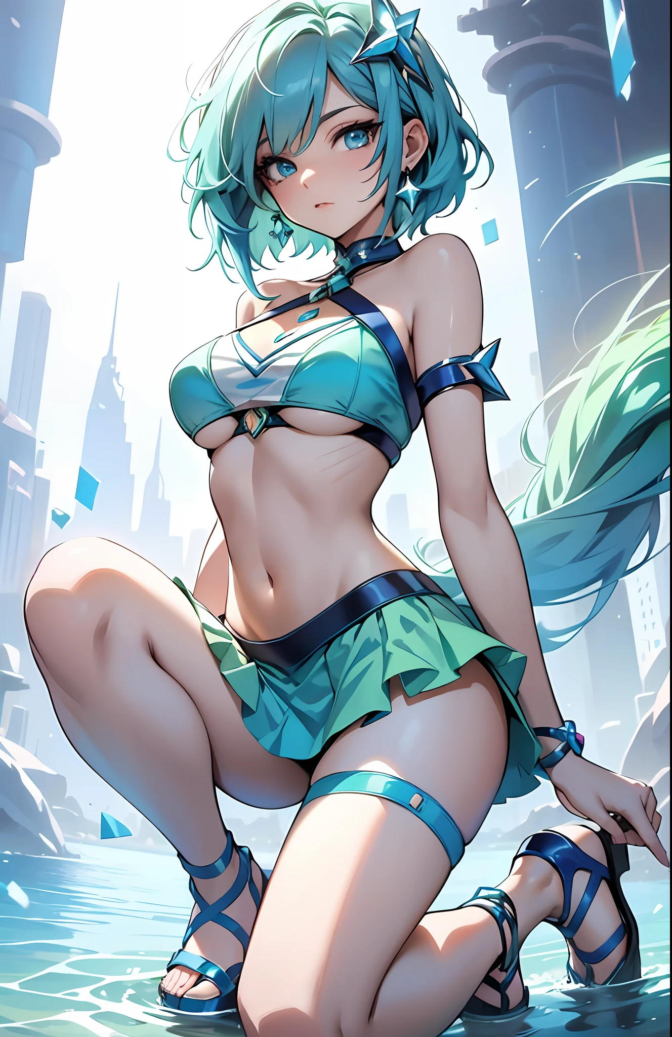 best qualityer，tmasterpiece，Ultimate resolution，downy，Extremely colorful，Colorful，waters，Sexy beauty，Short blue-green hair，blue bikini，huge tit，Crop topping，short  skirt，Bare legged，（Kneeling pose），sandals，Blue manicure，Normal posture