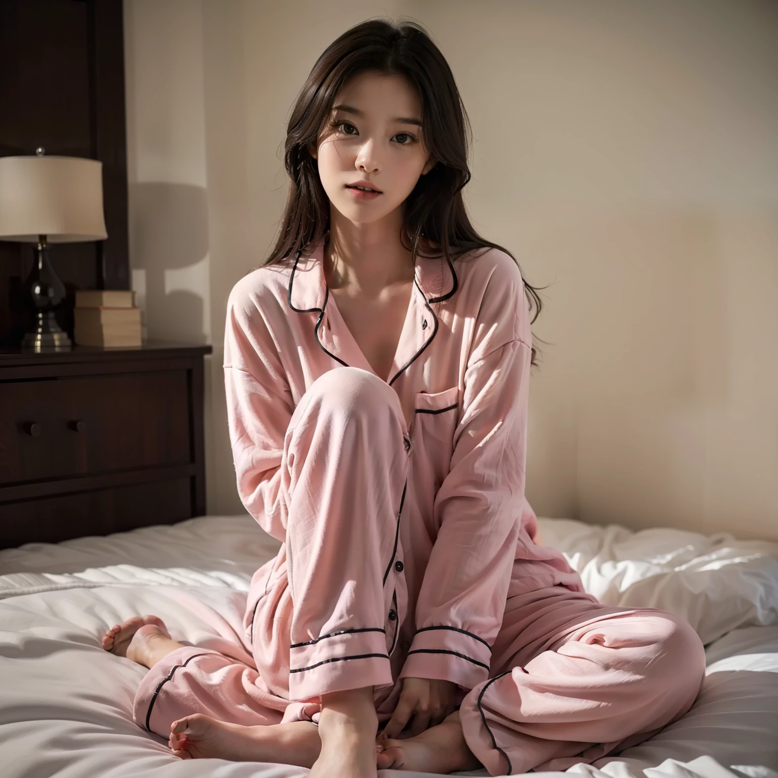 top-quality, masterpiece, 超A high resolution, 8K, Unripe, (photographrealistic:1.4), physically-based renderingt, depth of fields, Look at viewers, A slender, (sitting on:1.1), at bedroom, detailed beautiful faces, 1 rapariga, cute little, 年轻, blushing nose, large black eyes, open open mouth, A dark-haired, Detailed clothing,pajamas pink, (s Pajamas:1.3),s Pajamas,Gelapique, without shoes,