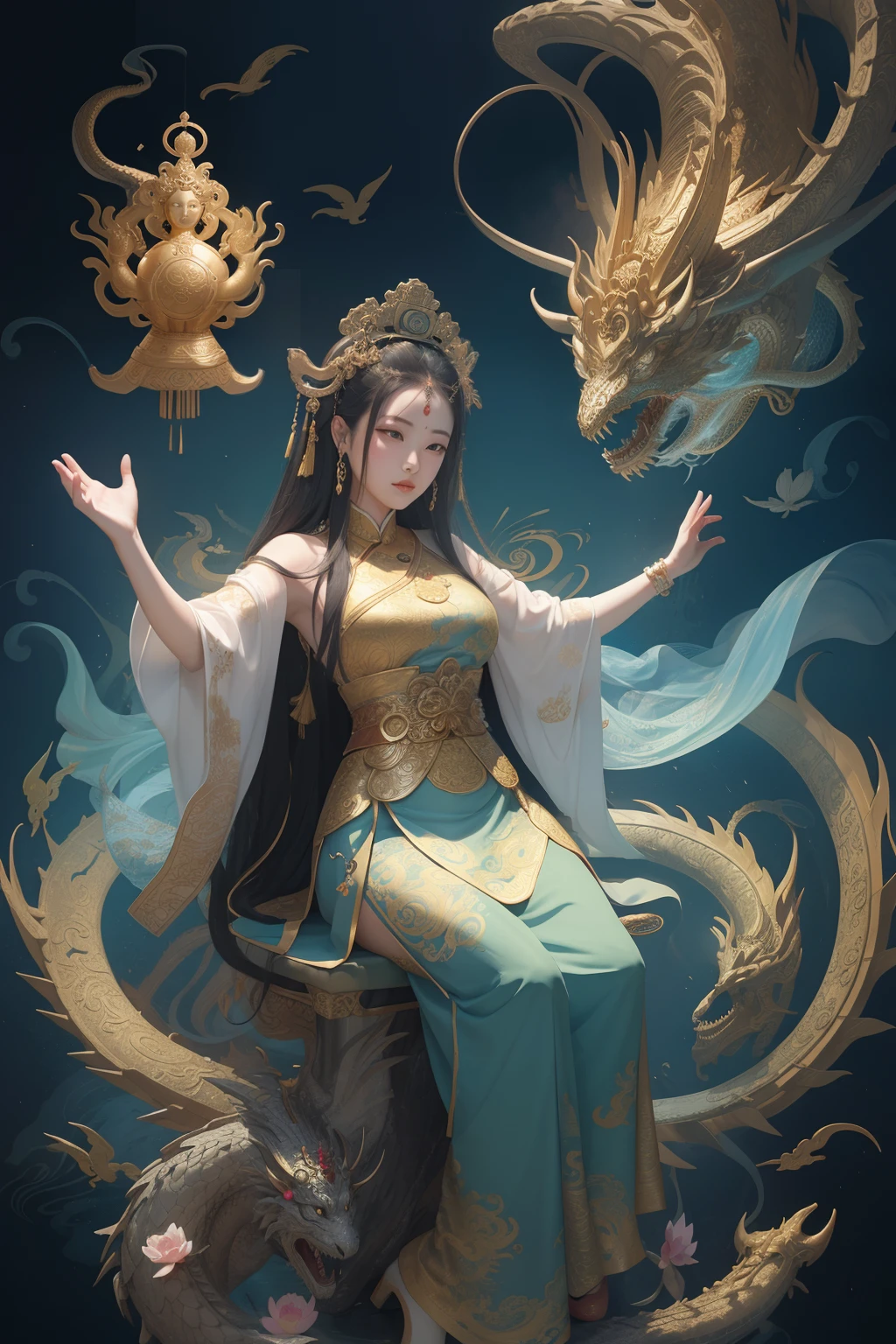 an ancient Chinese goddess, guanyin of the southern seas, Guanyin, Inspired by China, Avalokiteshvara rides a dragon,,Serene expression,shui mo hua,Buddha,Buddhist,Lotus,Chinese painting style,Thangka style