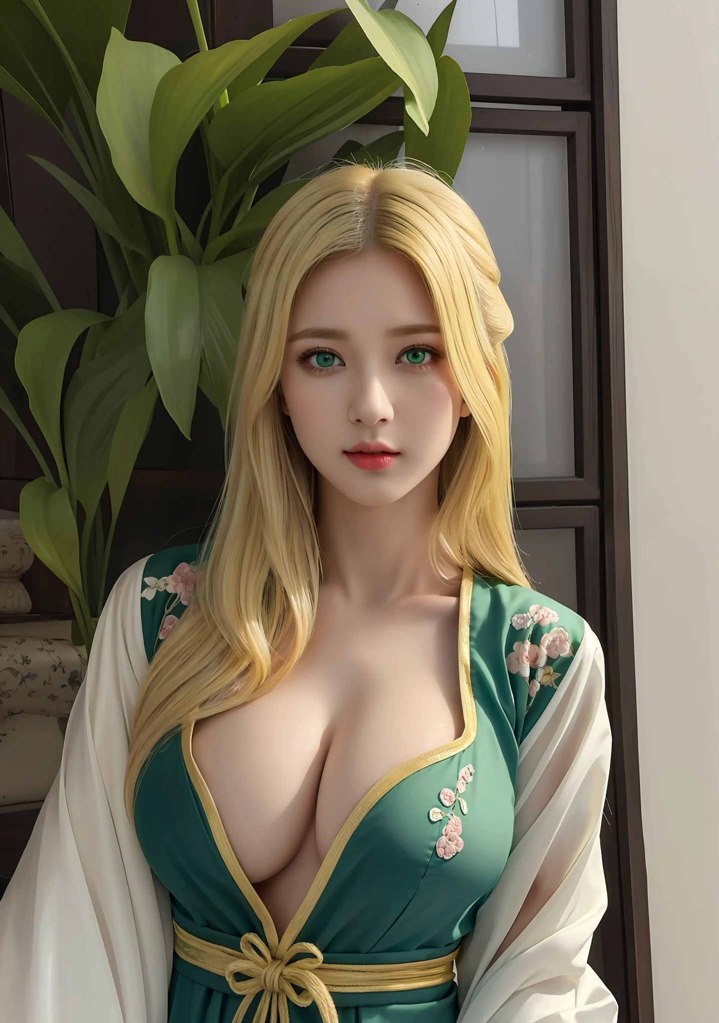 Masterpiece, Best Quality, Extremely Detailed 8k, Ultra HD, Ultra-detailed, Highly Detailed, Ultra High Realistic, Ultra-realistic, Hyperrealistic, Hyperrealism, (1girl:1.5), (Solo:1.5), Anatomically Correct, (Detailed Realistic Skin Texture), (Realistic Big Breasts:1.25), Slender Abs, (Closed Mouth:1.3), Nsfw, Dynamic Pose, (Beautiful Cute Pakistani Woman:1.55), upon body from head to thigh, (blonde hair:1.35), (green eyes:1.35), (exposed breasts:1.5), (traditional hanfu dress:1.2),