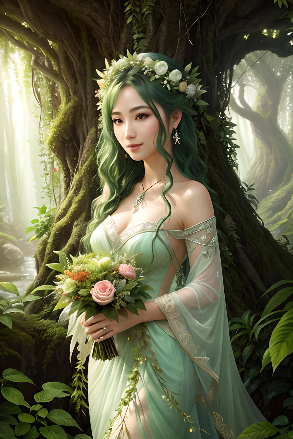 D&The captivating depiction of D dryad is、Entirely consists of lush vegetation、Visionary Artist、Brought to life by Sylvan Frost Reef。(verdant:1.2)Forms decorated with bright leaves and flowers、(Elegance:1.1)Movements reflecting the dances of nature、(Transcendent:1.1)An aura that radiates calm energy、(piercings:1.1)An eye reflecting ancient wisdom、(Whisper:1.1)Tangled leaves of her hair、(harmony:1.1)Connection with surrounding plants、(unveiling ceremony:1.1)Dryads and the deep bond between the natural world、 (captura:1.1)The essence of her plant beauty、(immortal:1.1)The charm of dryads made of plants。Woman in wedding dress、A smile