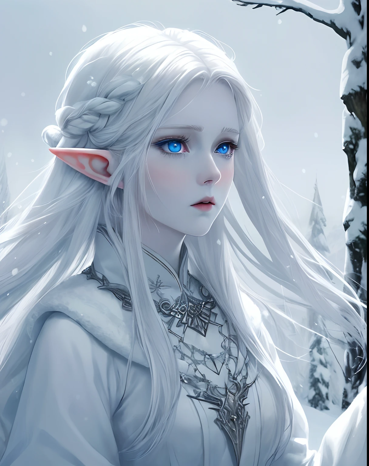 stylized female elve, dramatic, emotional, determined expression, white skin, pale skin, snow-white hair, blue eyes, forest scene, snow, dramatic angle, artistic composition, masterpiece,