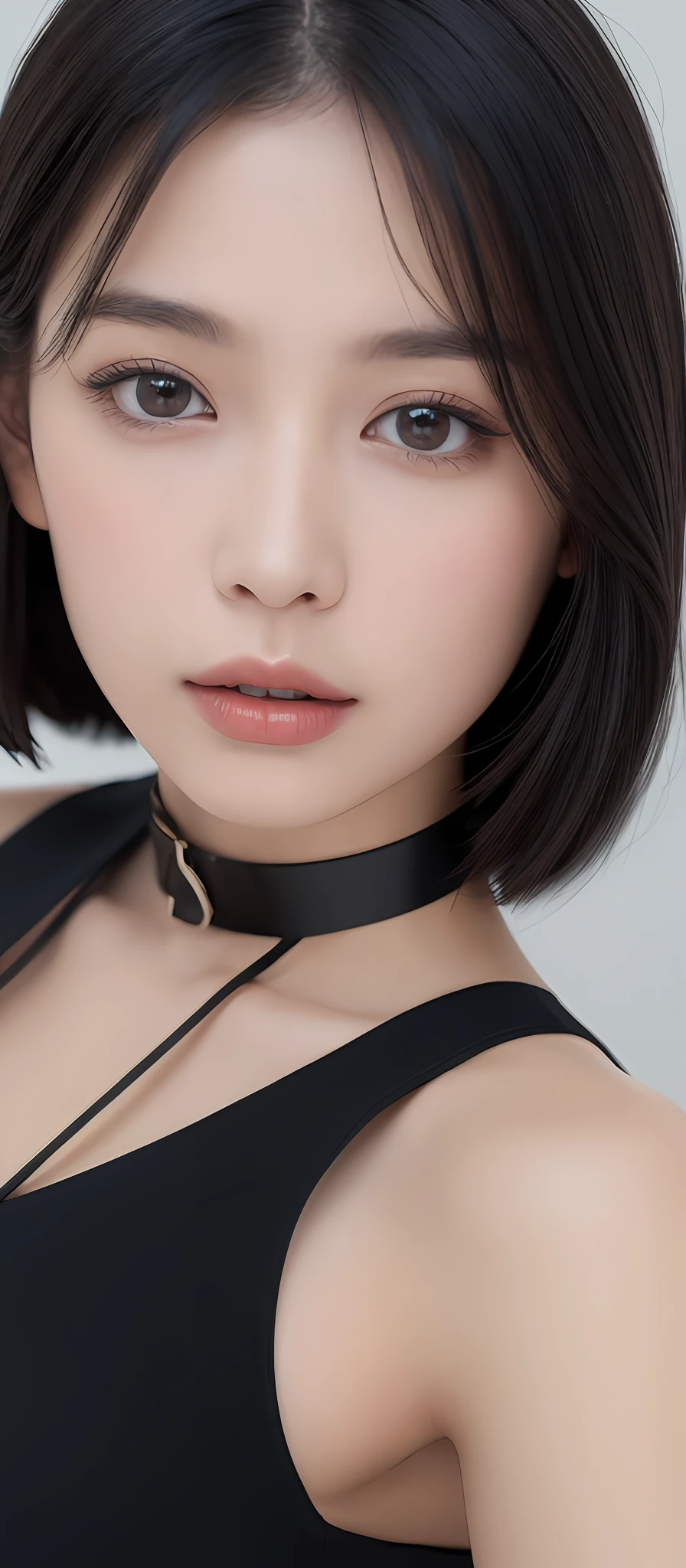 ((Best quality, 8k, Masterpiece :1.3)), Sharp focus, selfie, A pretty woman with perfect figure, ((black hair, Big breasts)), (bare shoulders dress, collar), simple background, Highly detailed face and skin texture, Detailed eyes, Double eyelid