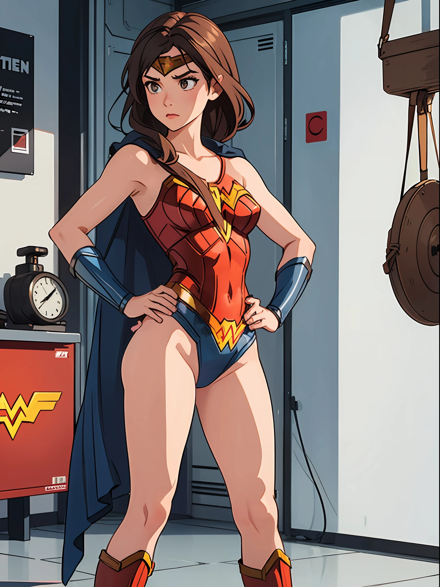 1girl, solo, ((leotard, bare legs)), boots, standing, hands on hip, Wonder Woman