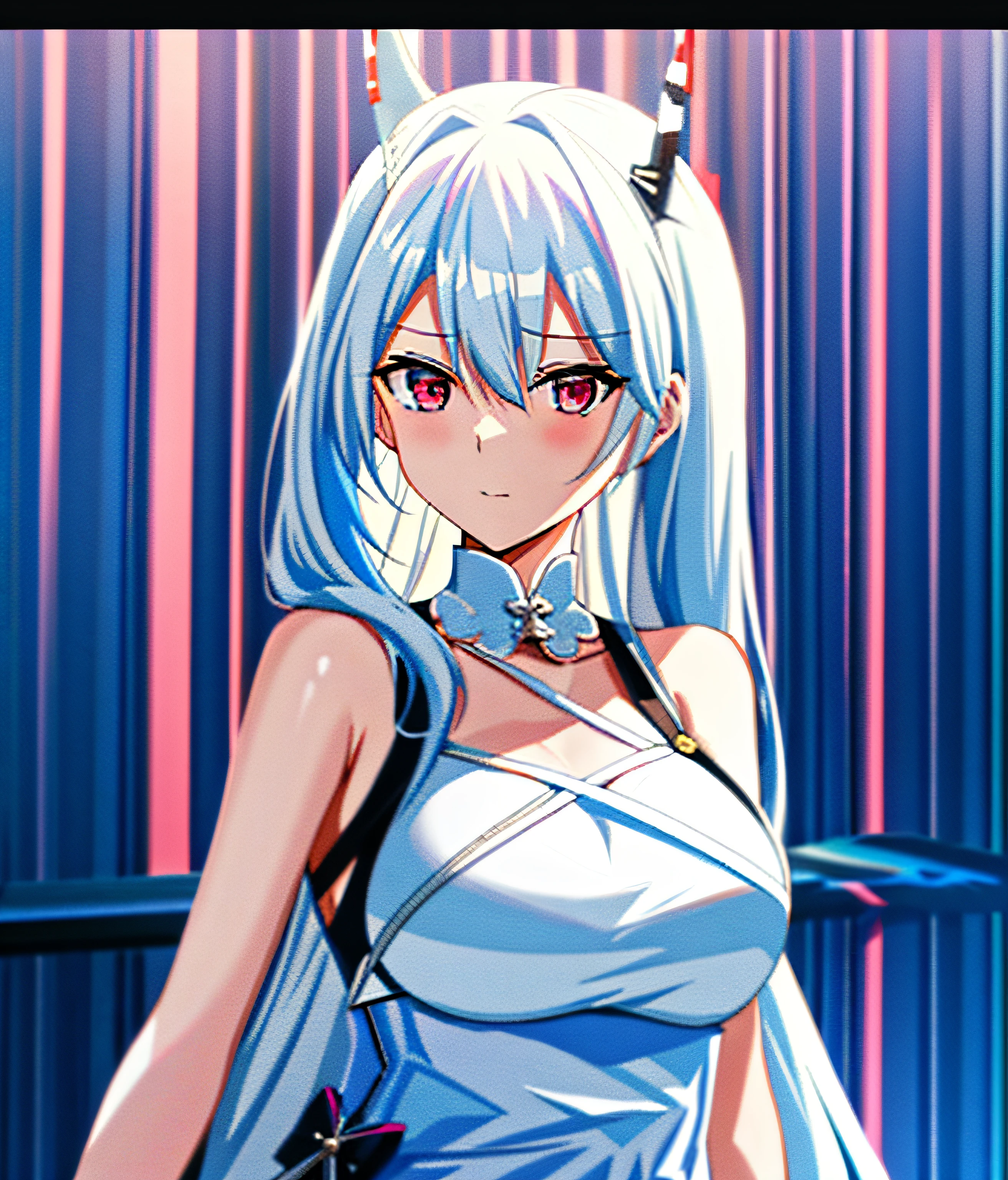 Anime girl with white hair and horns standing on the beach, azur lane style, white-haired god, 《azur lane》role, A scene from the《azur lane》videogame, Kantai collection style, Tifa Lockhart with white hair, from girls frontline, succubus in sundress portrait, white haired Cangcang, White-haired, girls frontline style, shikamimi
