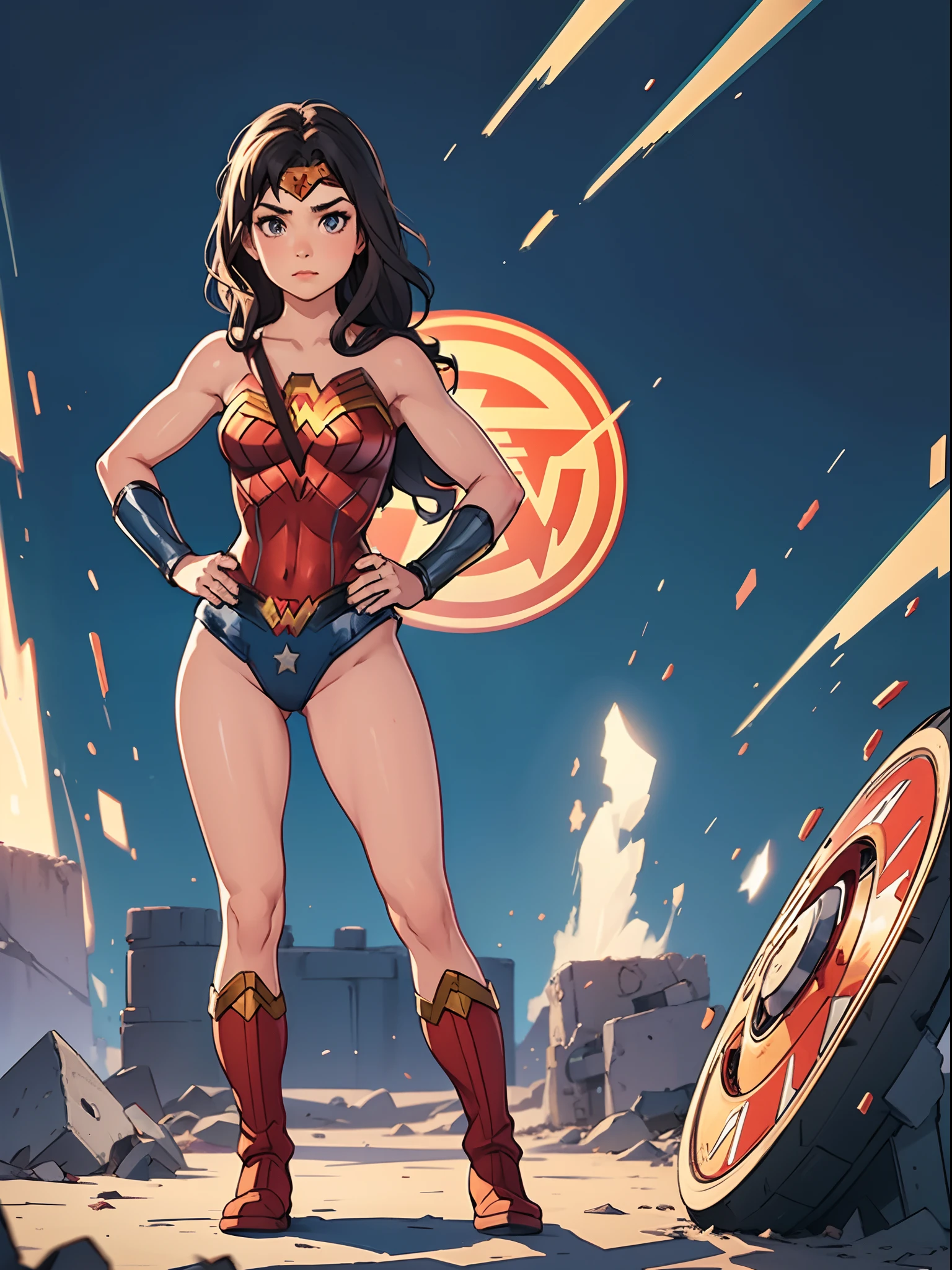 Wonder Woman in her high leg leotard, bare legs, bracelets and boots, looking heroic with her hands on hip.