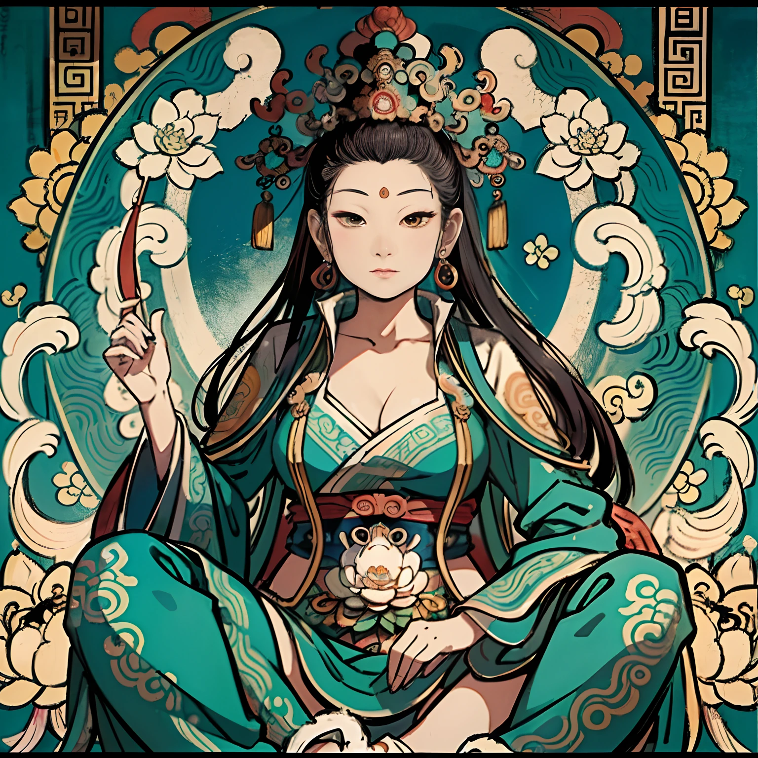 an ancient Chinese goddess, guanyin of the southern seas, Guanyin, Inspired by India, Avalokiteshvara Bodhisattva Lion，,Serene expression,shui mo hua,Buddha,Buddhist,Lotus,Chinese painting style,Thangka style