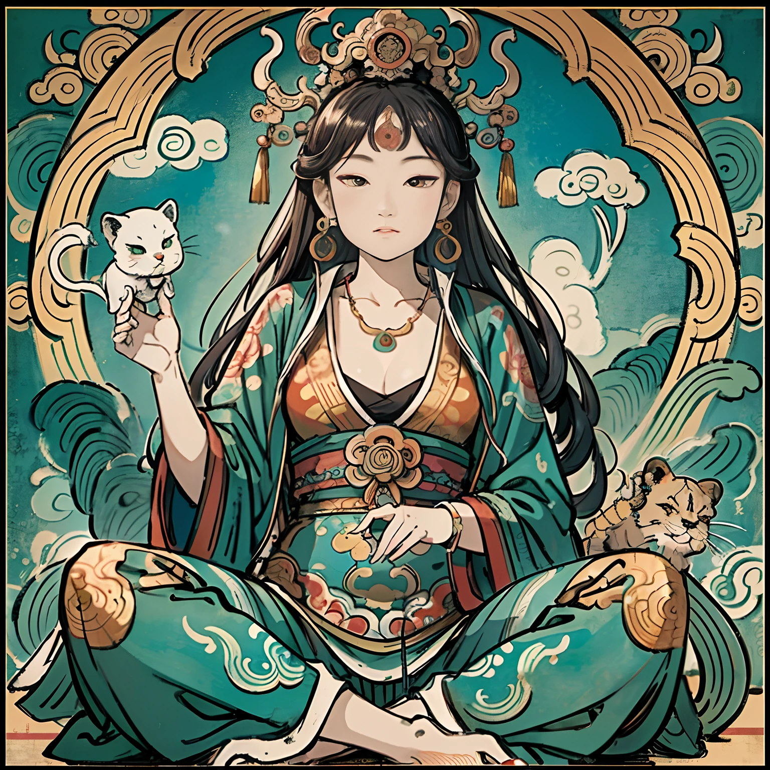 an ancient Chinese goddess, guanyin of the southern seas, Guanyin, Inspired by India, Avalokiteshvara Bodhisattva Lion,,Serene expression,shui mo hua,Buddha,Buddhist,Lotus,Chinese painting style,Thangka style